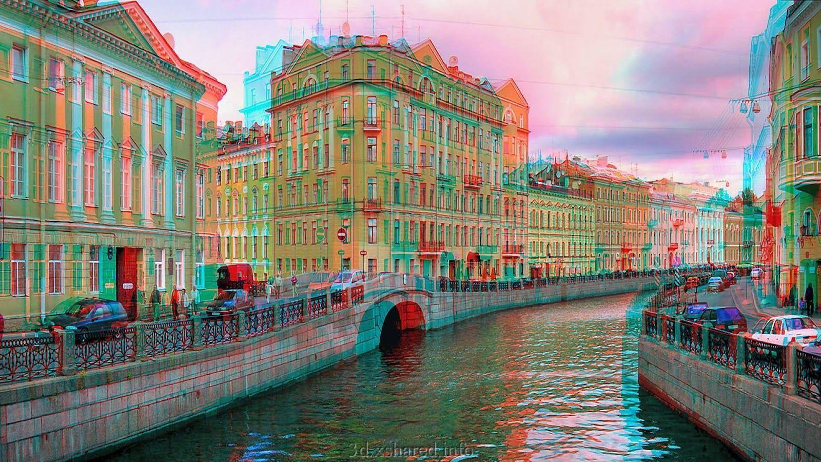 3D Image Movie (3D Glasses Required): River of water amid buildings