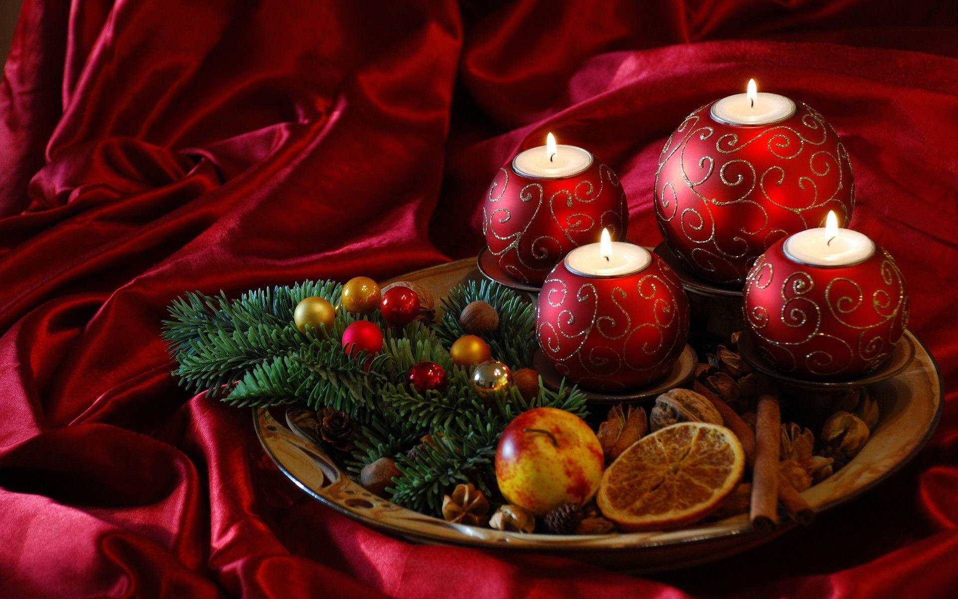 Christmas Wallpapers With Red Satin and Candles
