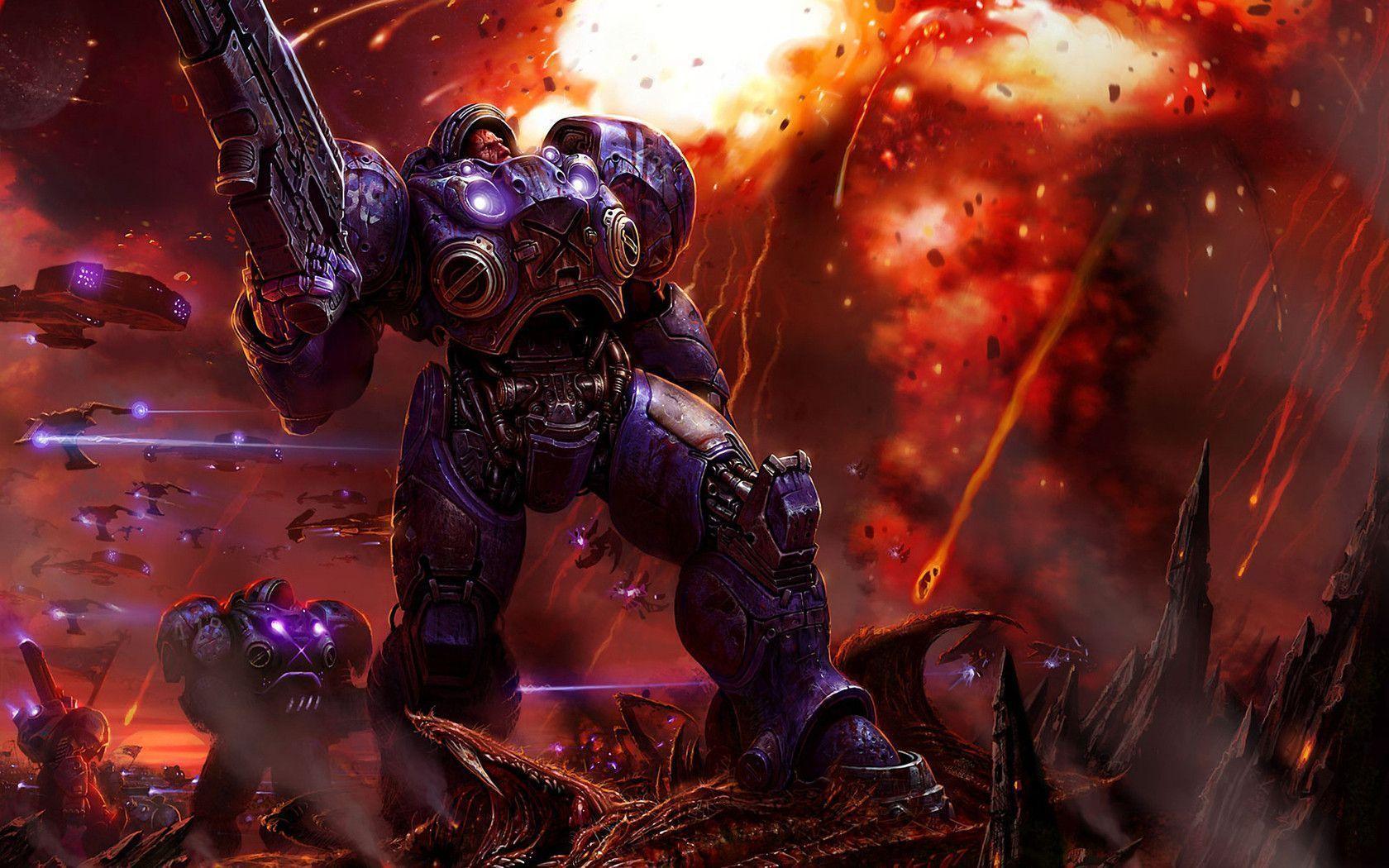 Starcraft 2 Wallpaper, infantry weapons, armor, shots, explosion
