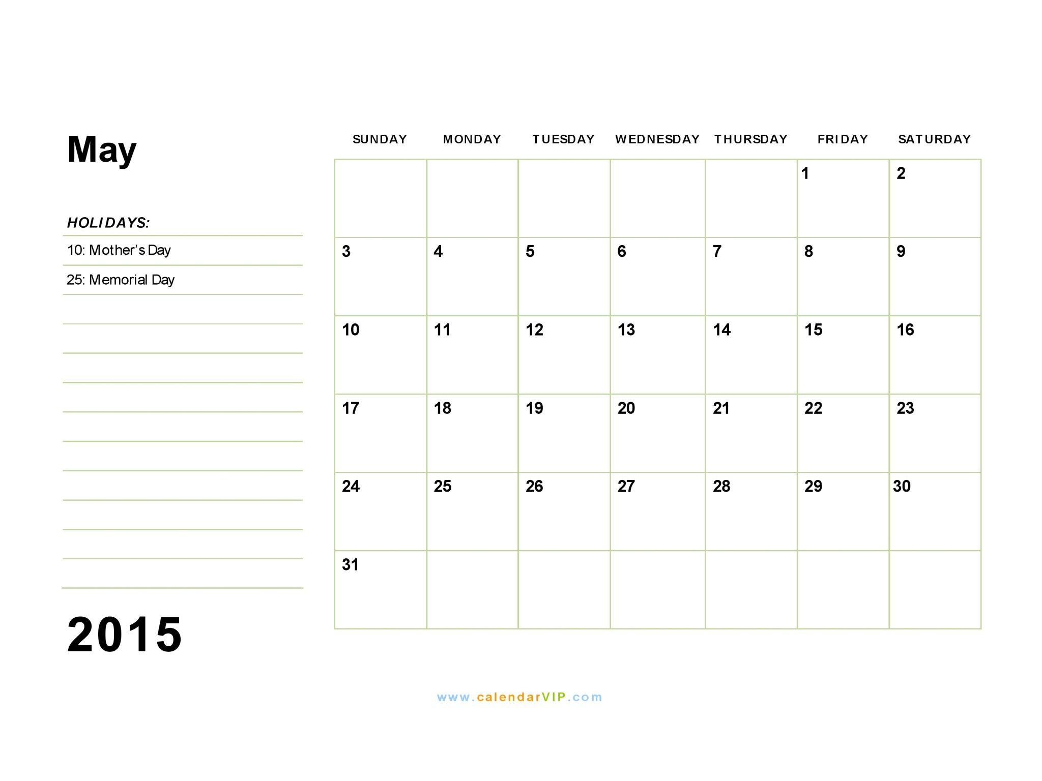 May 2015 Calendar Printable Calendar in PDF Word
