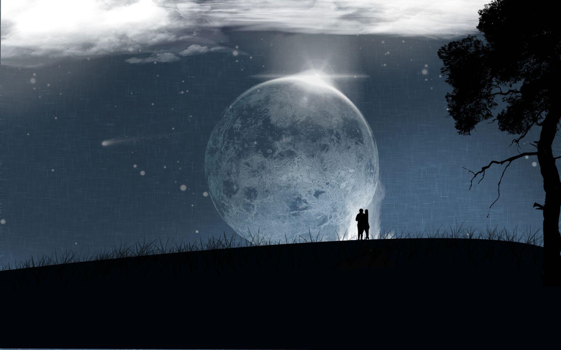 Couples silhouette in the moonlight wallpaper