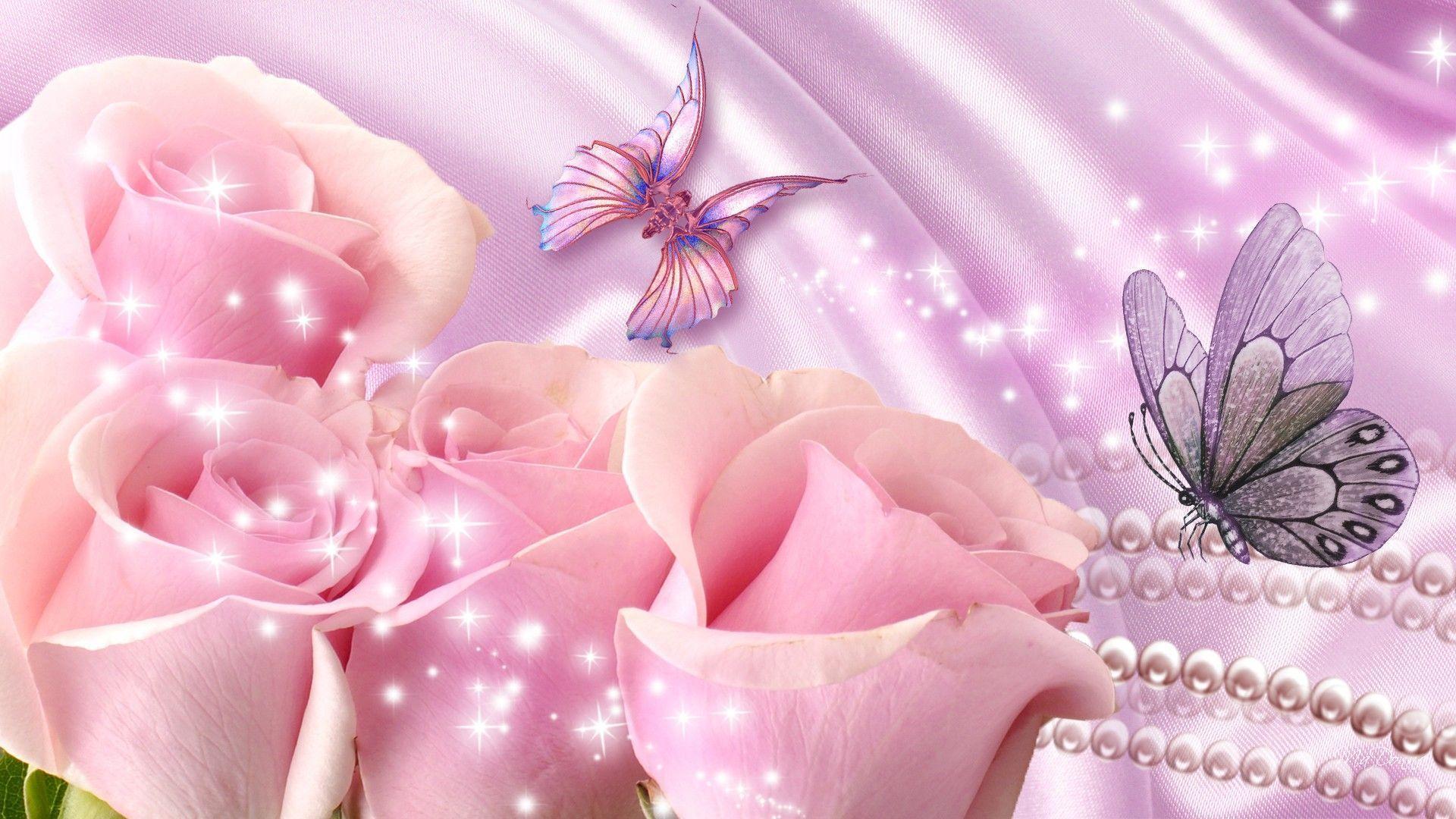 Wallpaper For > Pink Roses And Butterflies Wallpaper