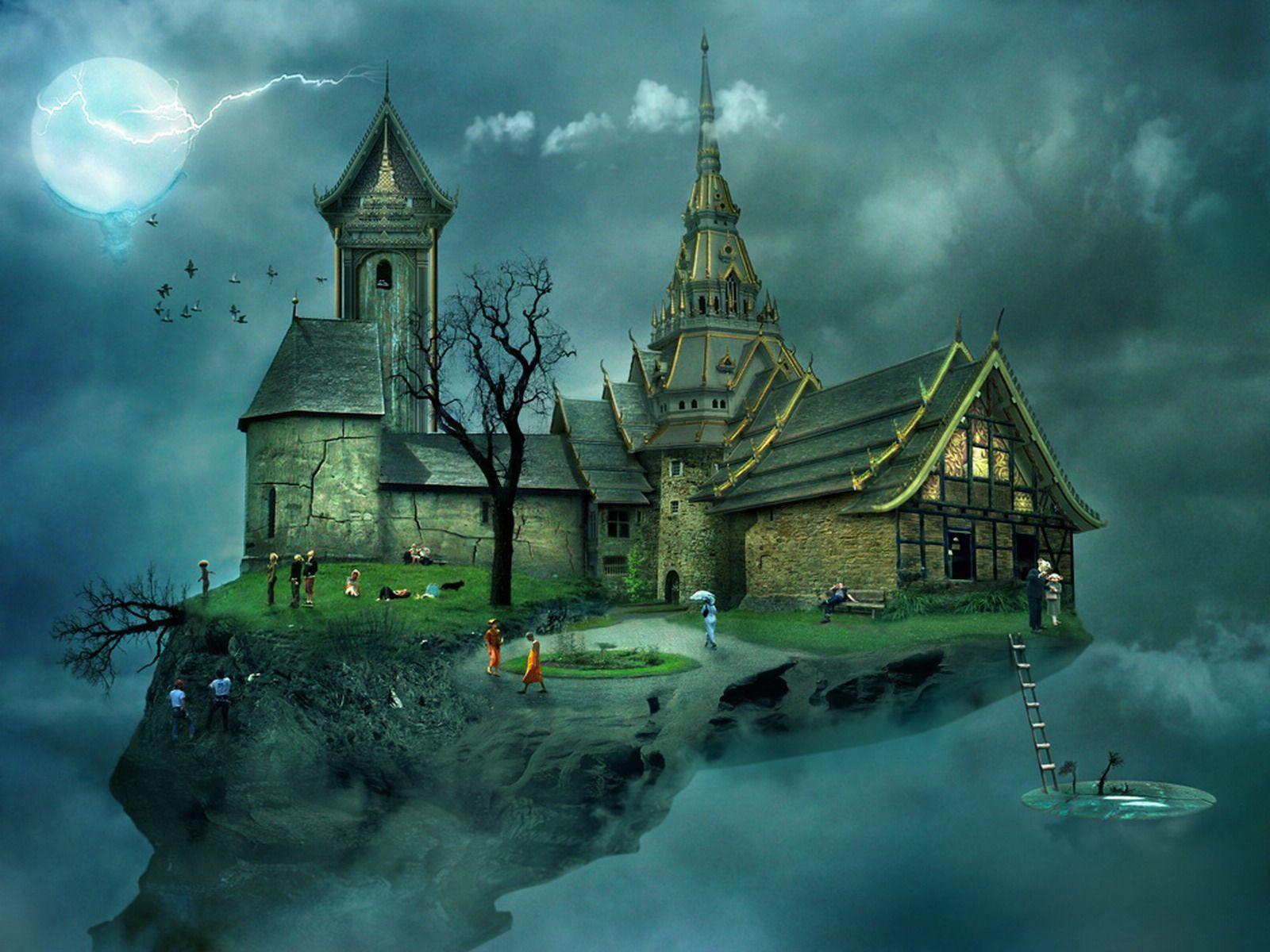 Fantasy castle with people HD Wallpaper