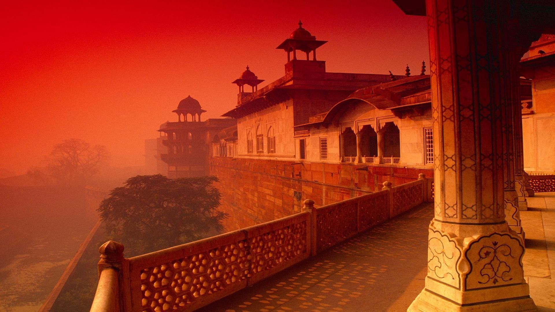 Agra fort India temple sunset burning red free desktop background