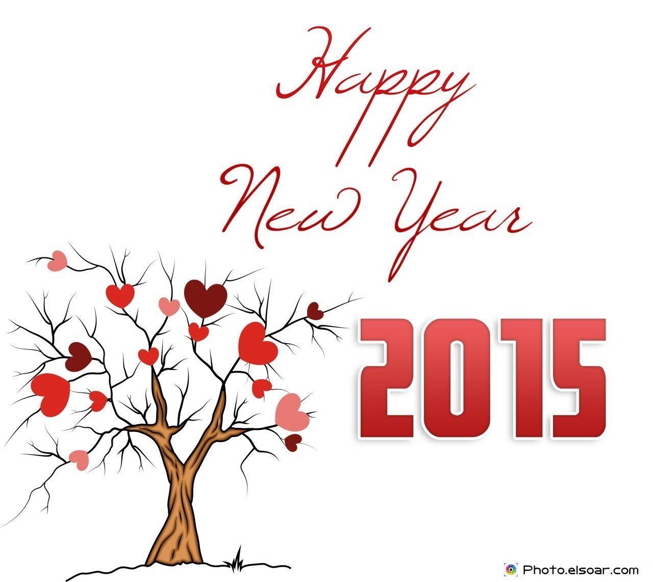 Happy New Year 2015 With Tree And Hearts Download Wallpaper