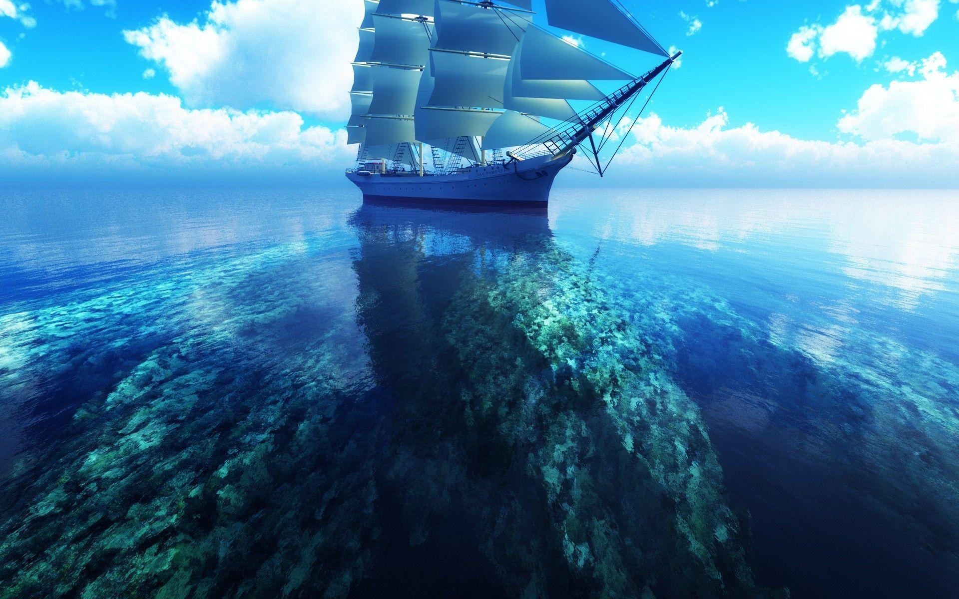 Clouds sea ships digital art skyscapes coral reef wallpaper