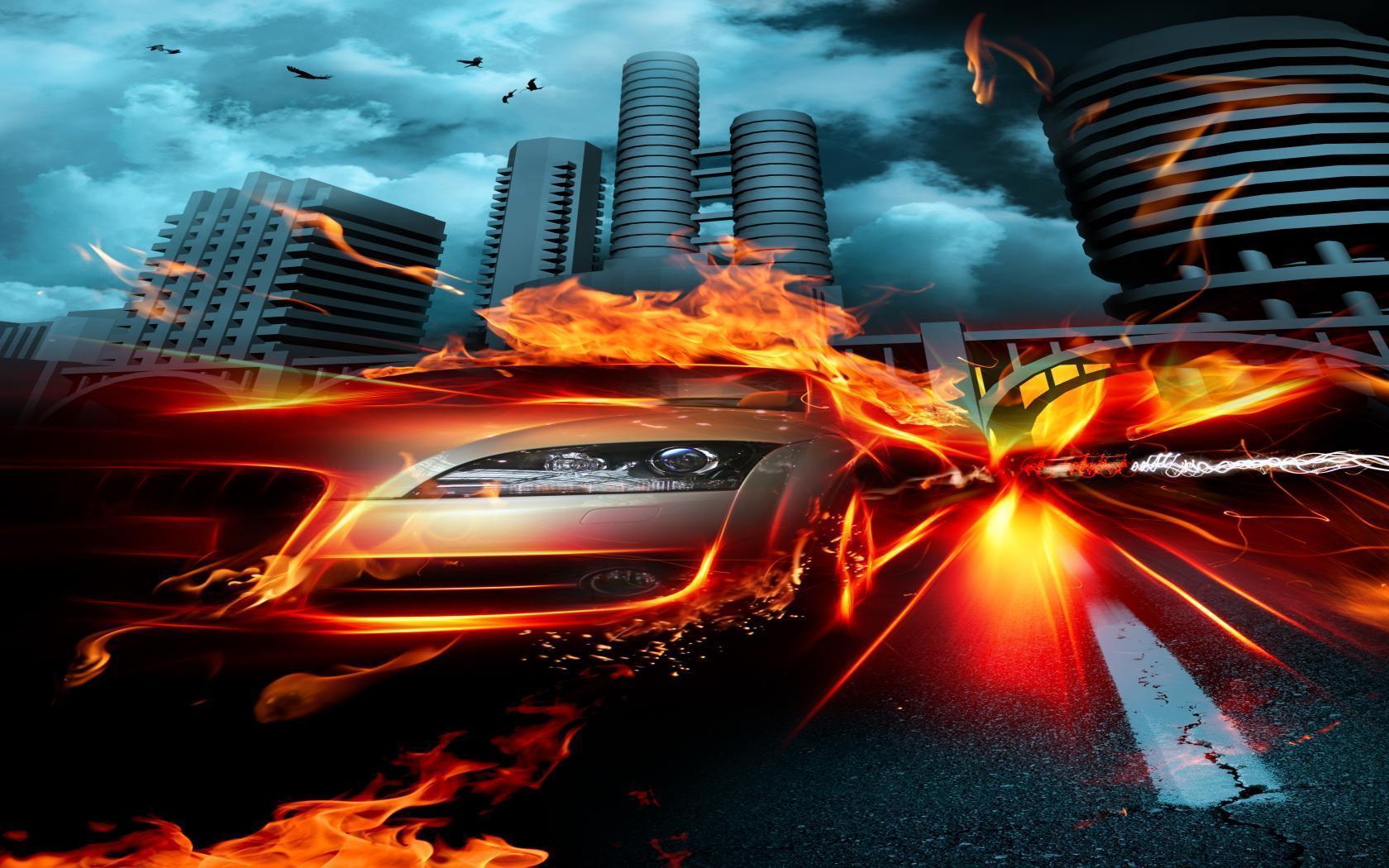 Crash Fire Car Amazing Desktop Background Free. 1680x1050 Resolution