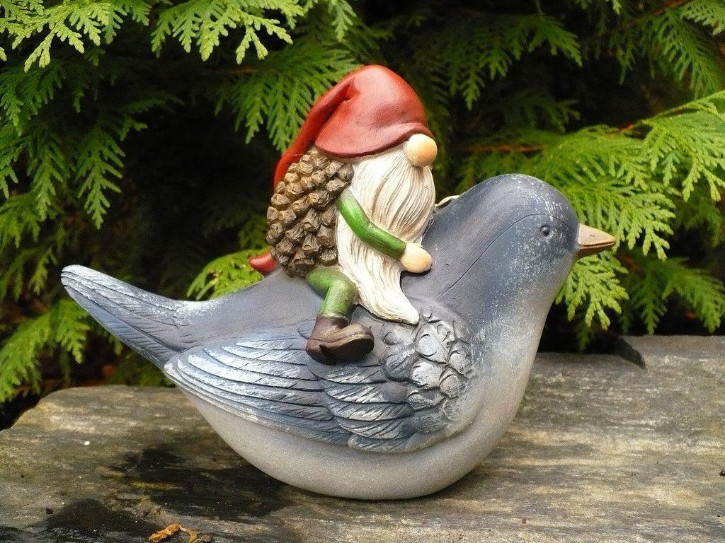 Garden Gnome Riding on a Bird Figurine.Acorn Gnome