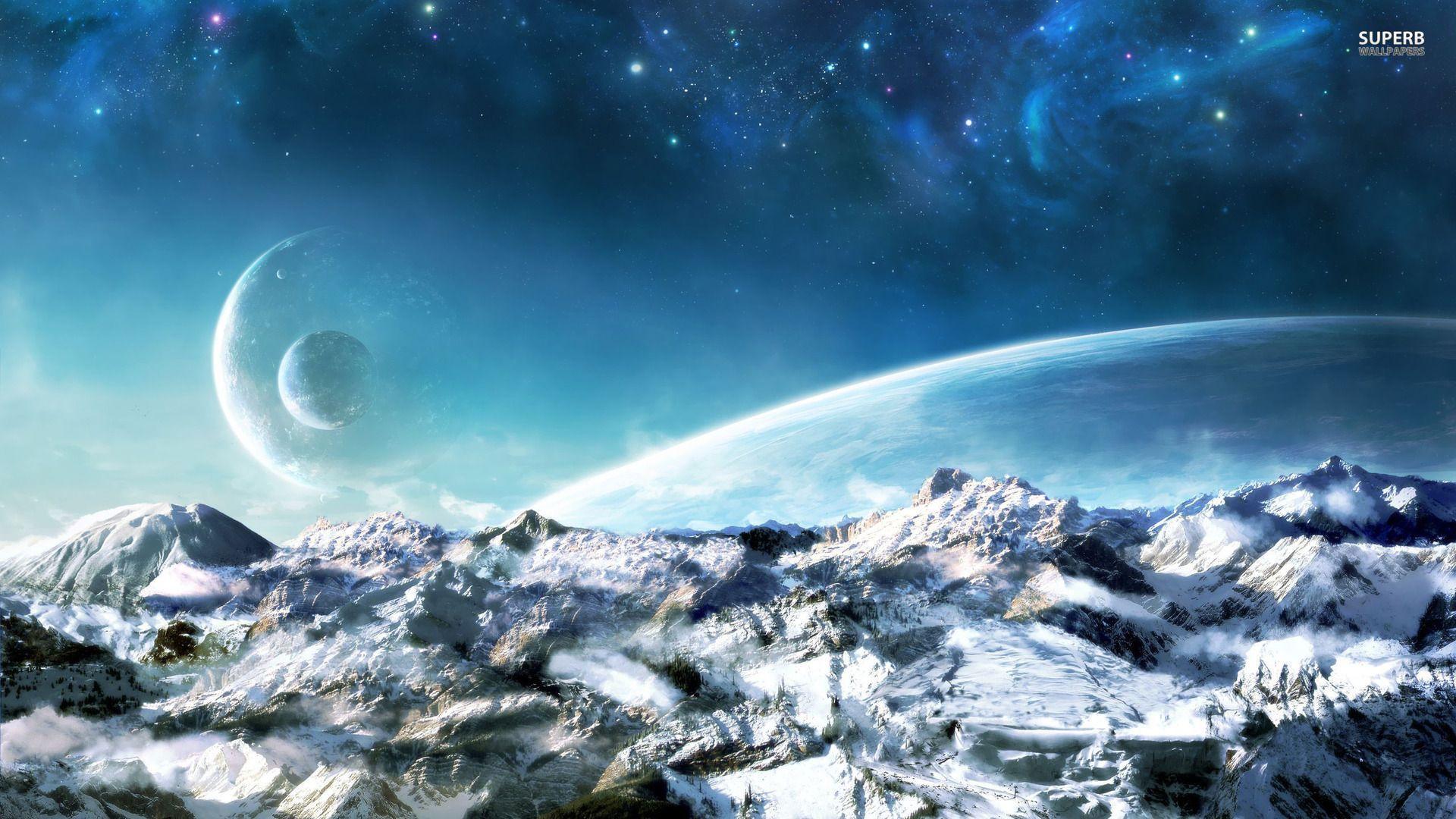 Planets over the snowy mountains wallpaper wallpaper - #