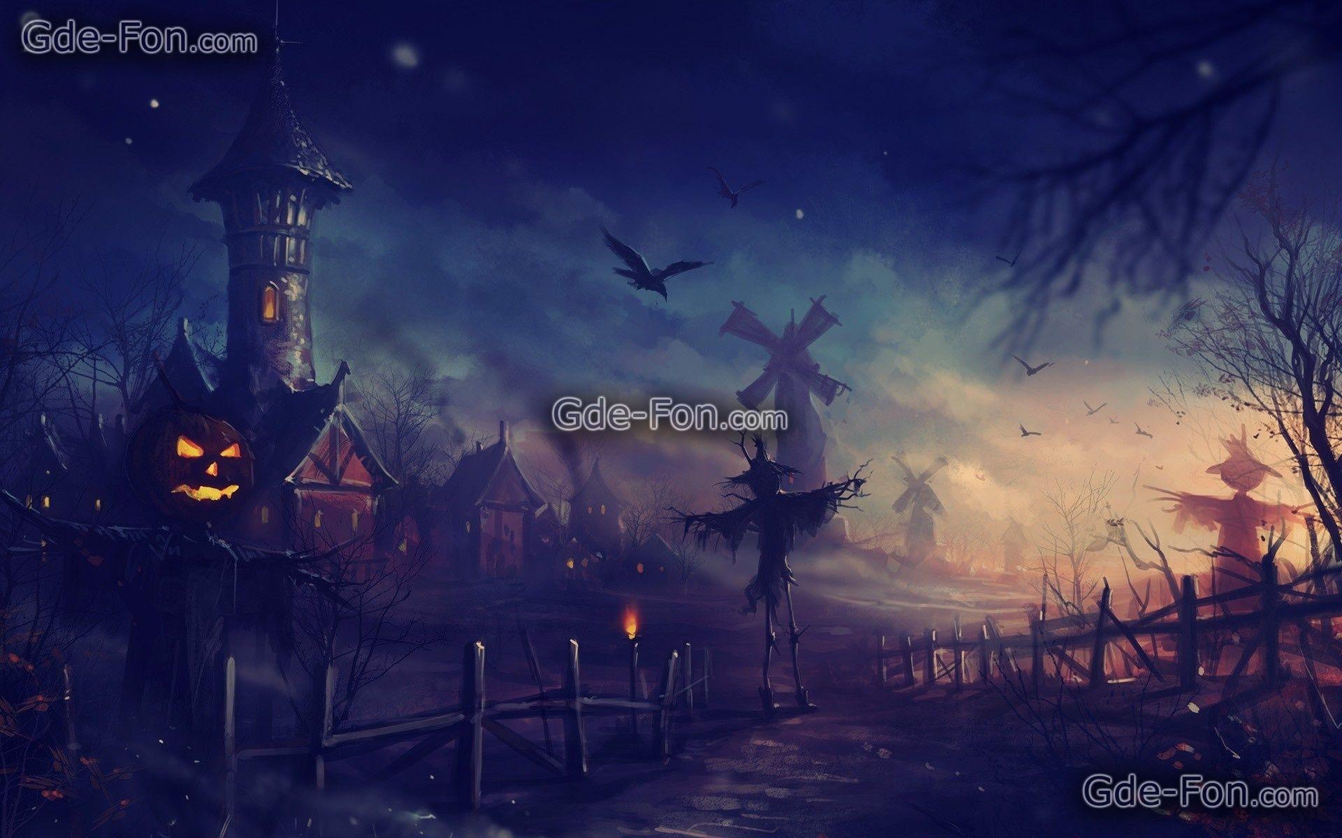 Download wallpaper Art, Halloween, night, scarecrow free desktop