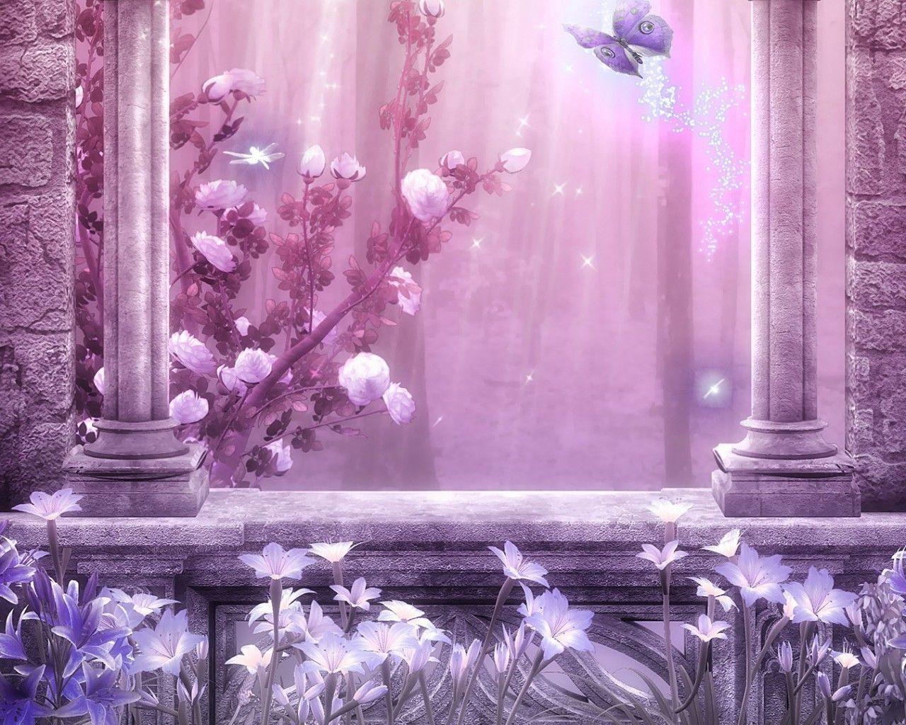 Pink Mystic, butterfly, columns, curtain, fantasy, flowers