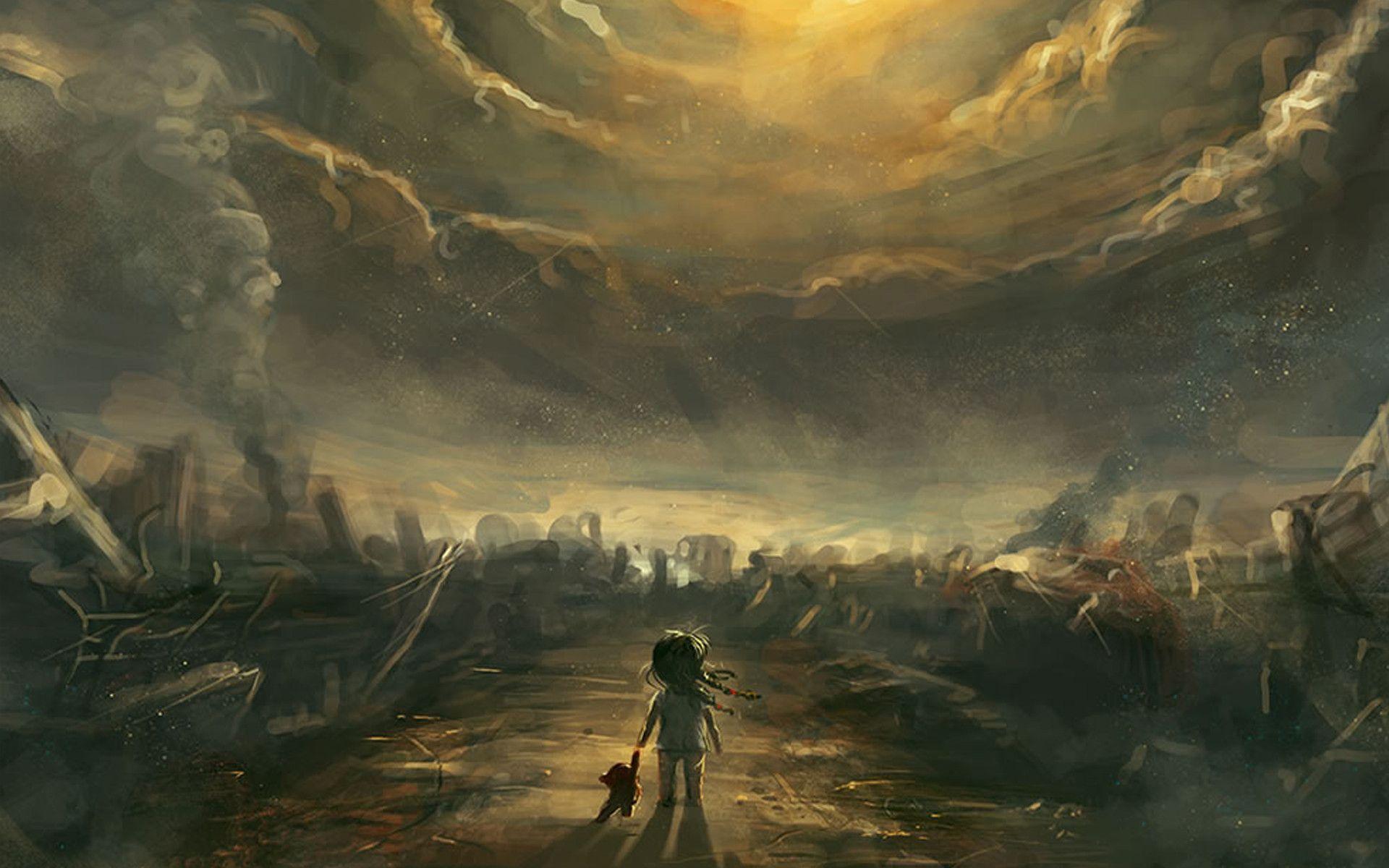 anime head drawing apocalyptic landscape