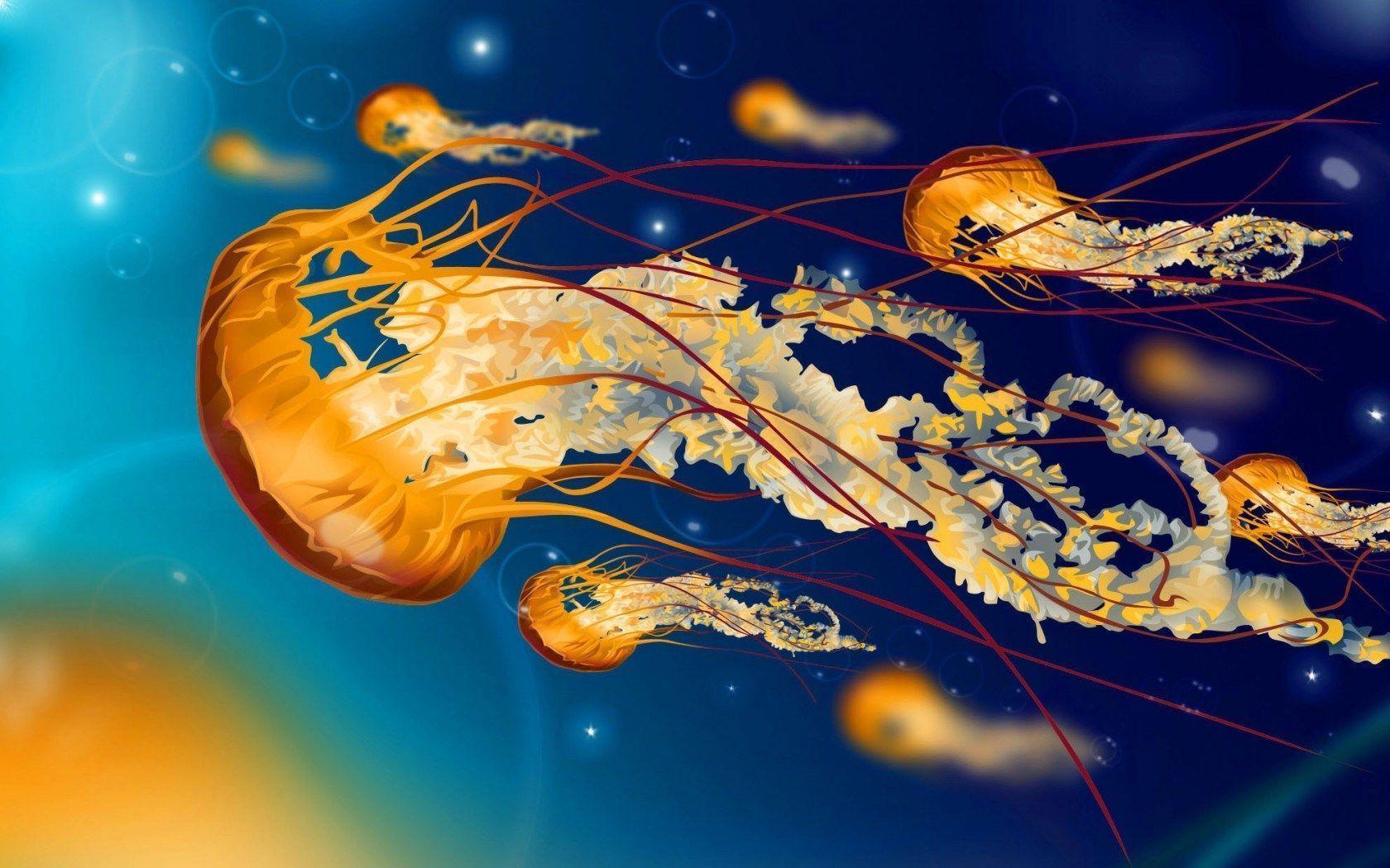 Yellow Jellyfish Blue Ocean Bubbles Art HD Wallpaper