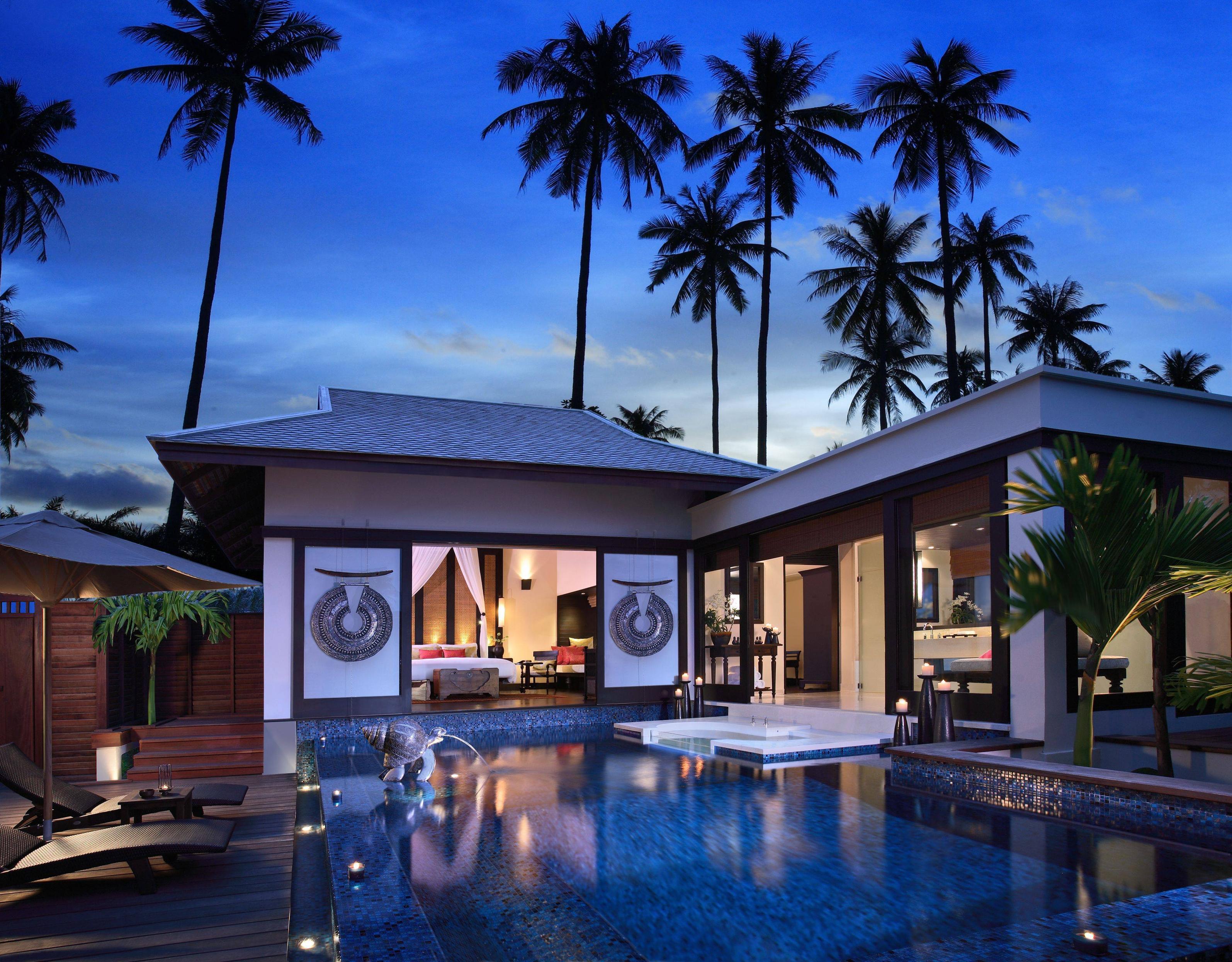 Download wallpaper pool, bungalow, Palms, evening free desktop
