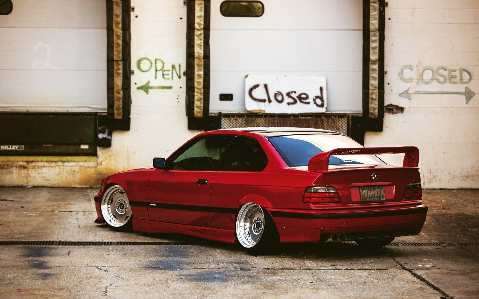 BMW E36 Red Tuning Car Closed Open Signs HD Wallpaper