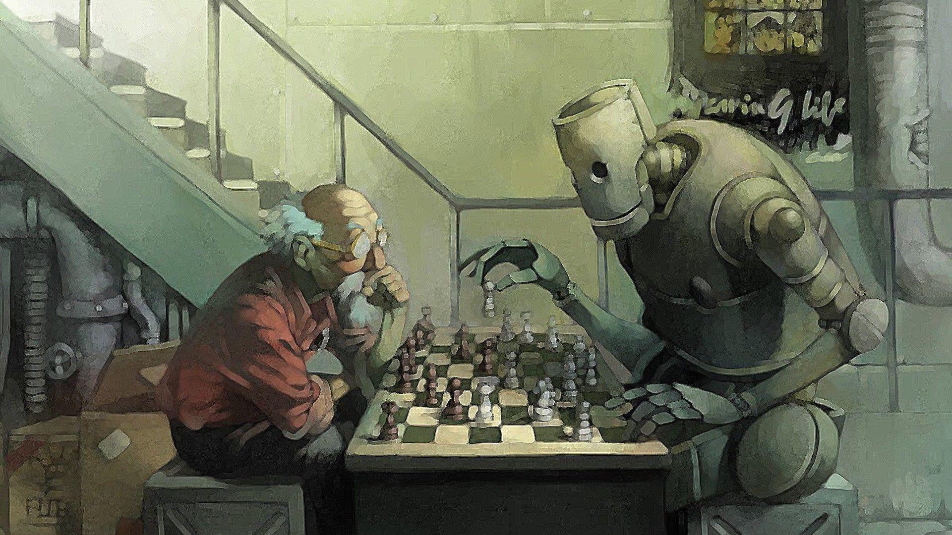 Old man playing chess with a robot Wallpaper #