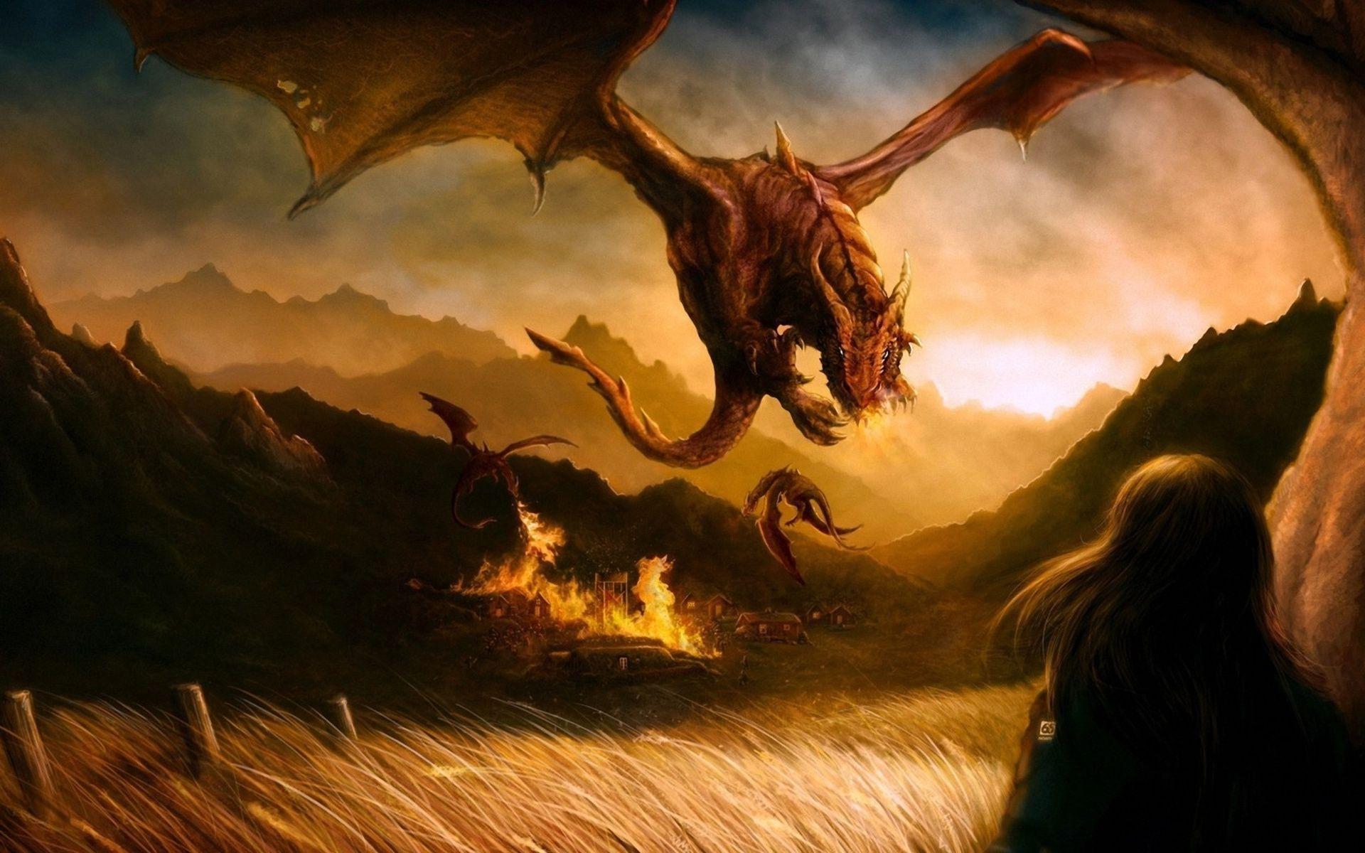 Dragons attacking the village Wallpaper #