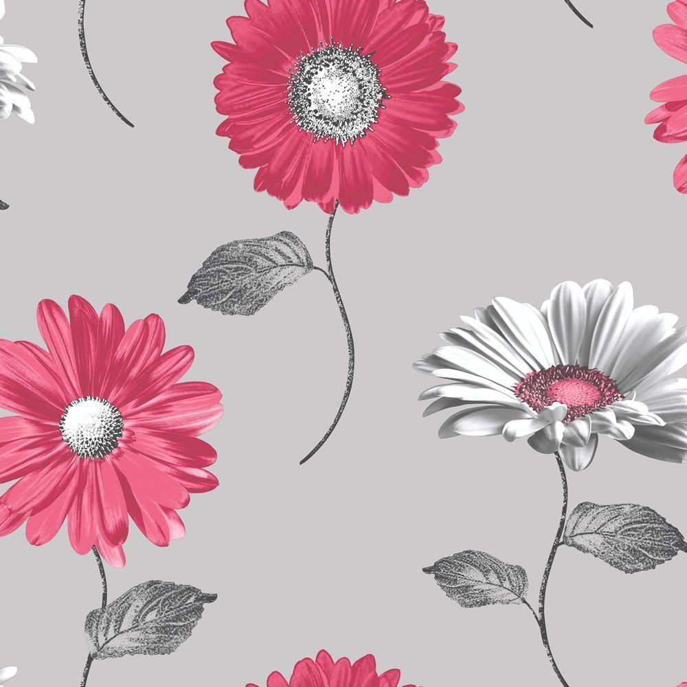 Muriva Daisy Wallpaper Pink and Silver at wilko.com