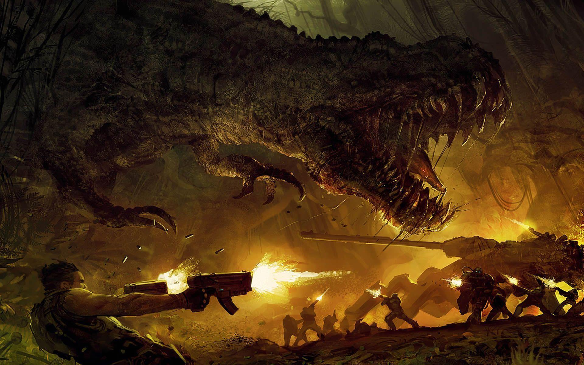 Tyrannosaurus Battle Games Wallpaper Image featuring Turok