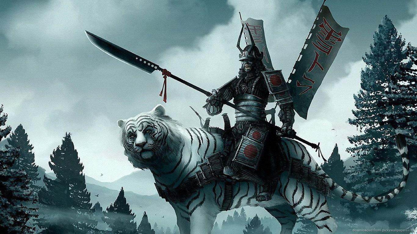 Download 1366x768 Samurai On A White Tiger Wallpaper