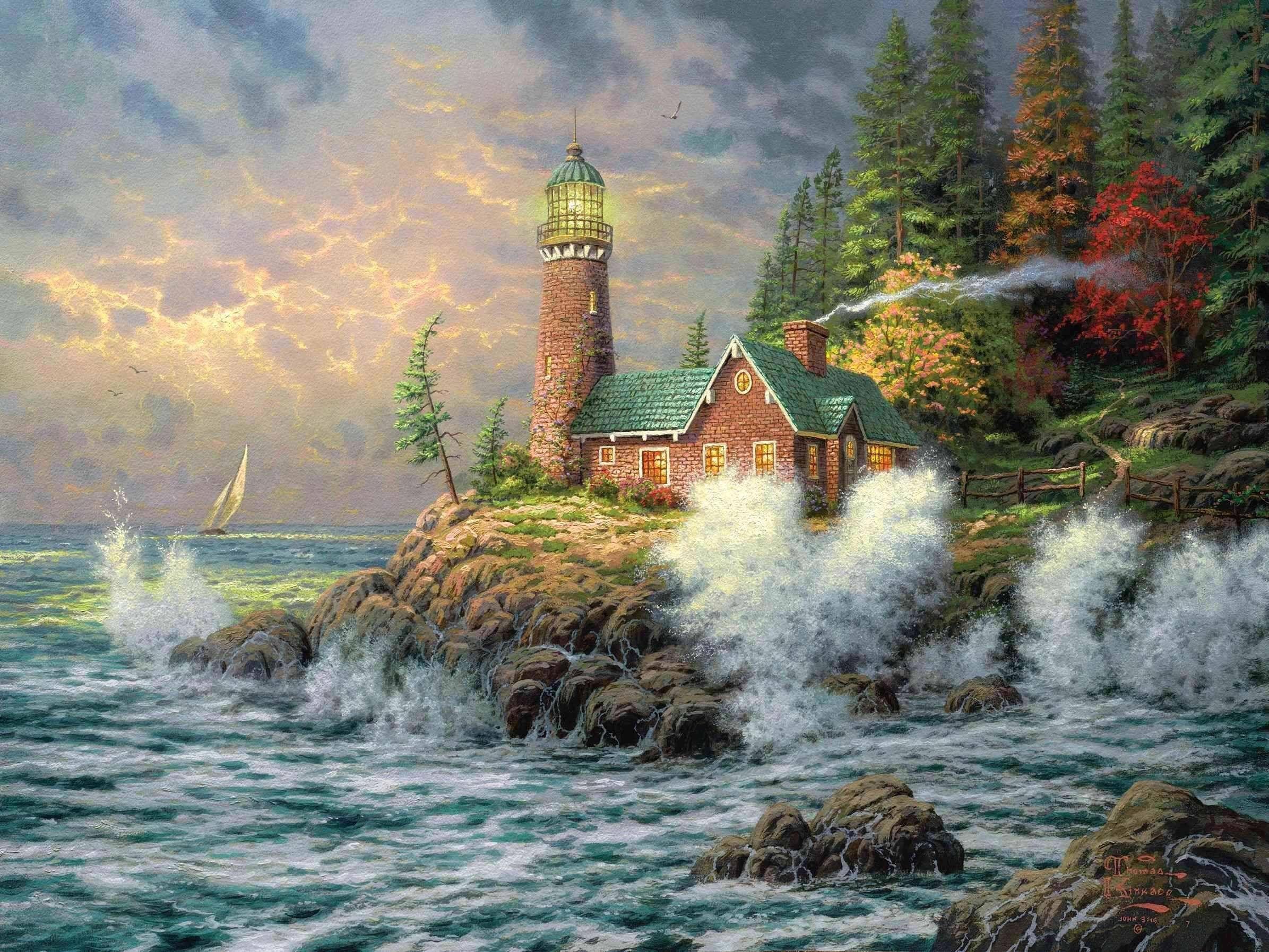 Wallpaper Thomas Kinkade Lighthuse Sea Paint Wave Desktop