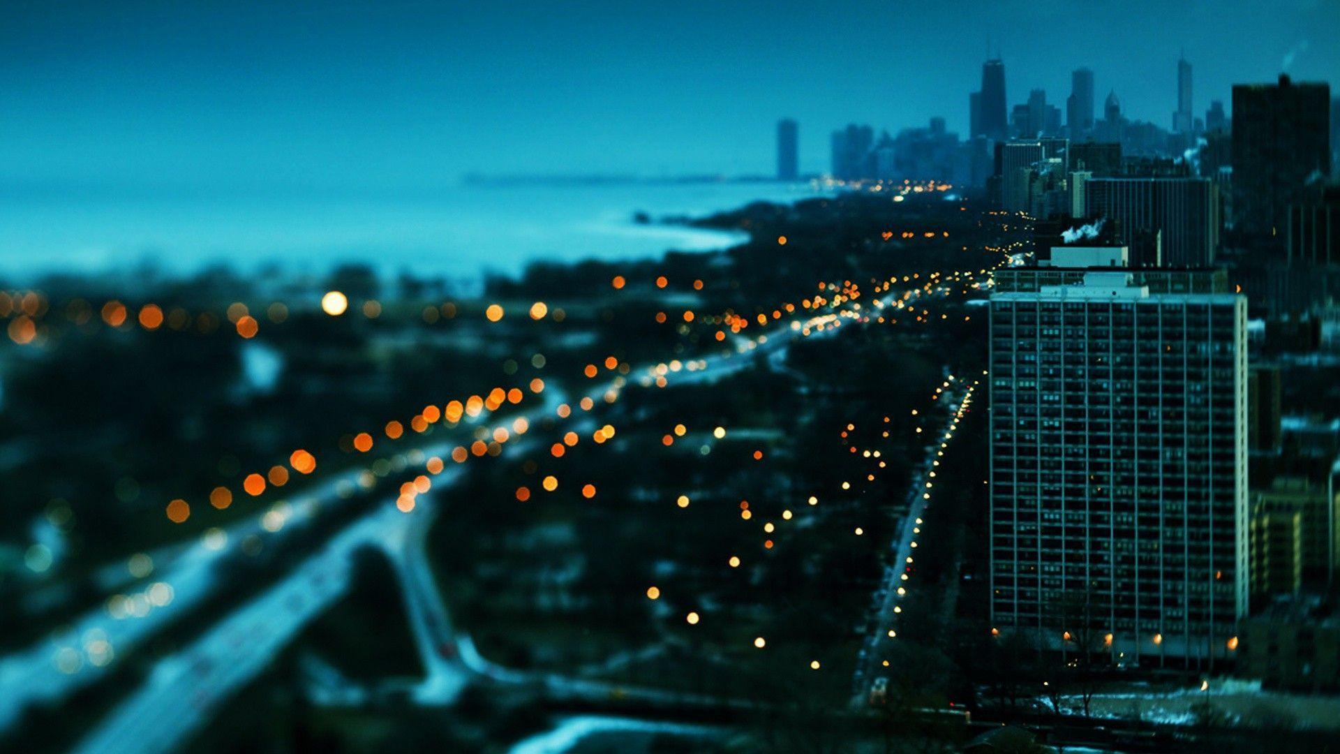 Sunset cityscapes Chicago towns skyscrapers bokeh Lake Shore Drive