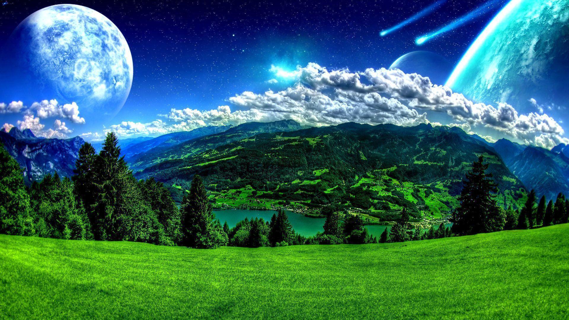 Plateau, Sky, Planets, Fantasy, Nature. Free HD wallpaper