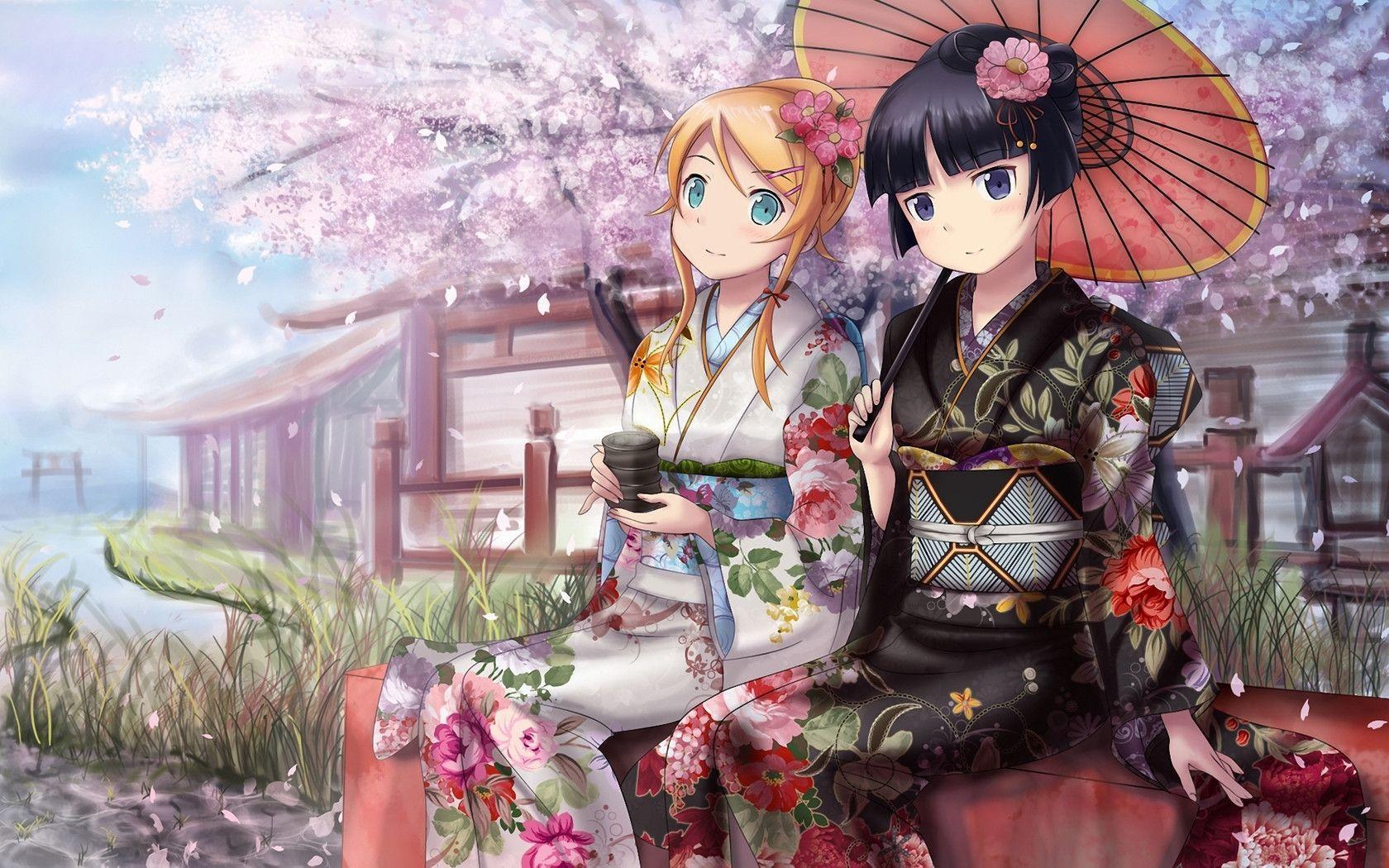 Download wallpaper Girls, kimono, tea, umbrella free desktop