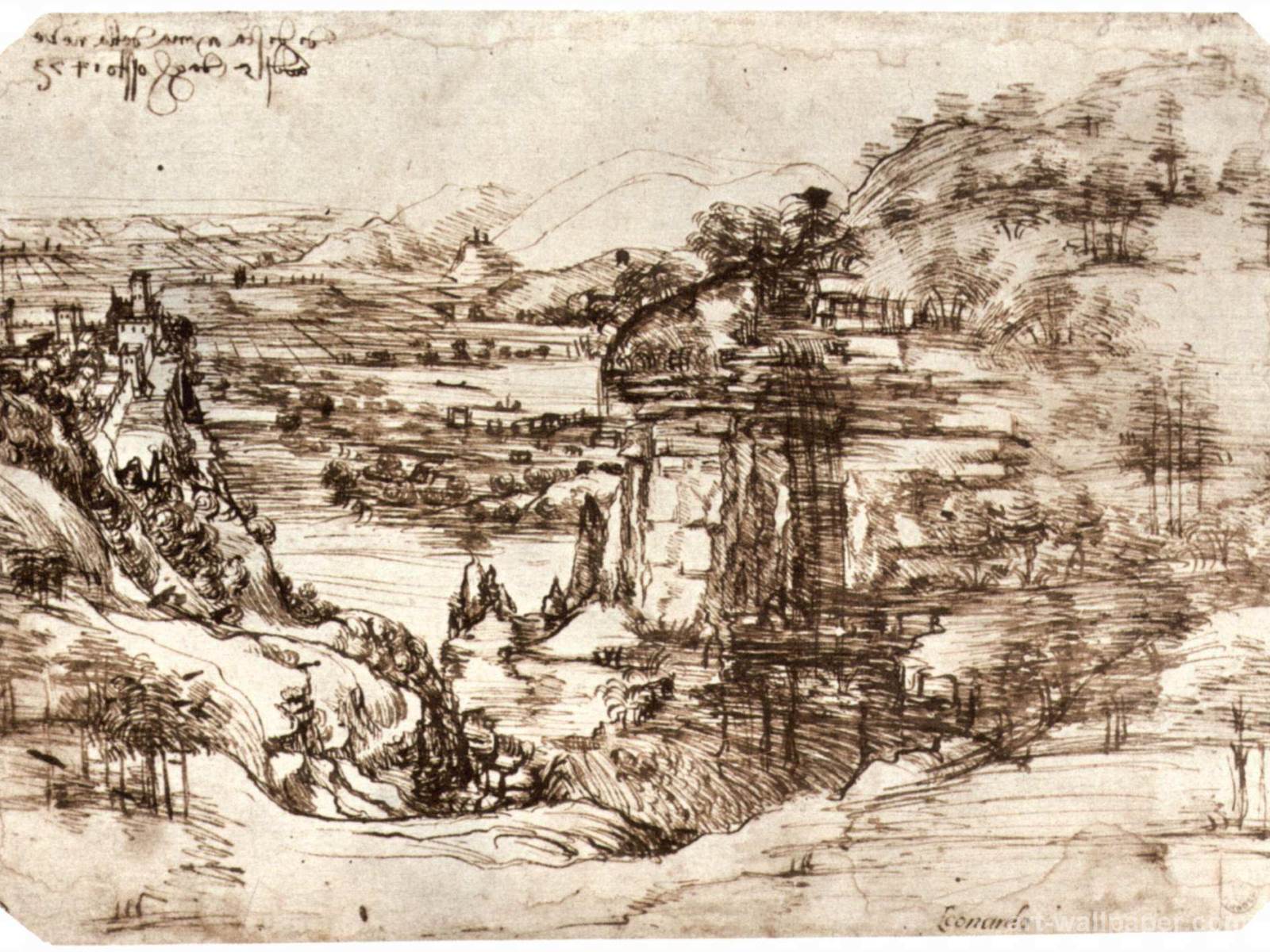 Arno landscape, Da Vinci Leonardo Wallpaper