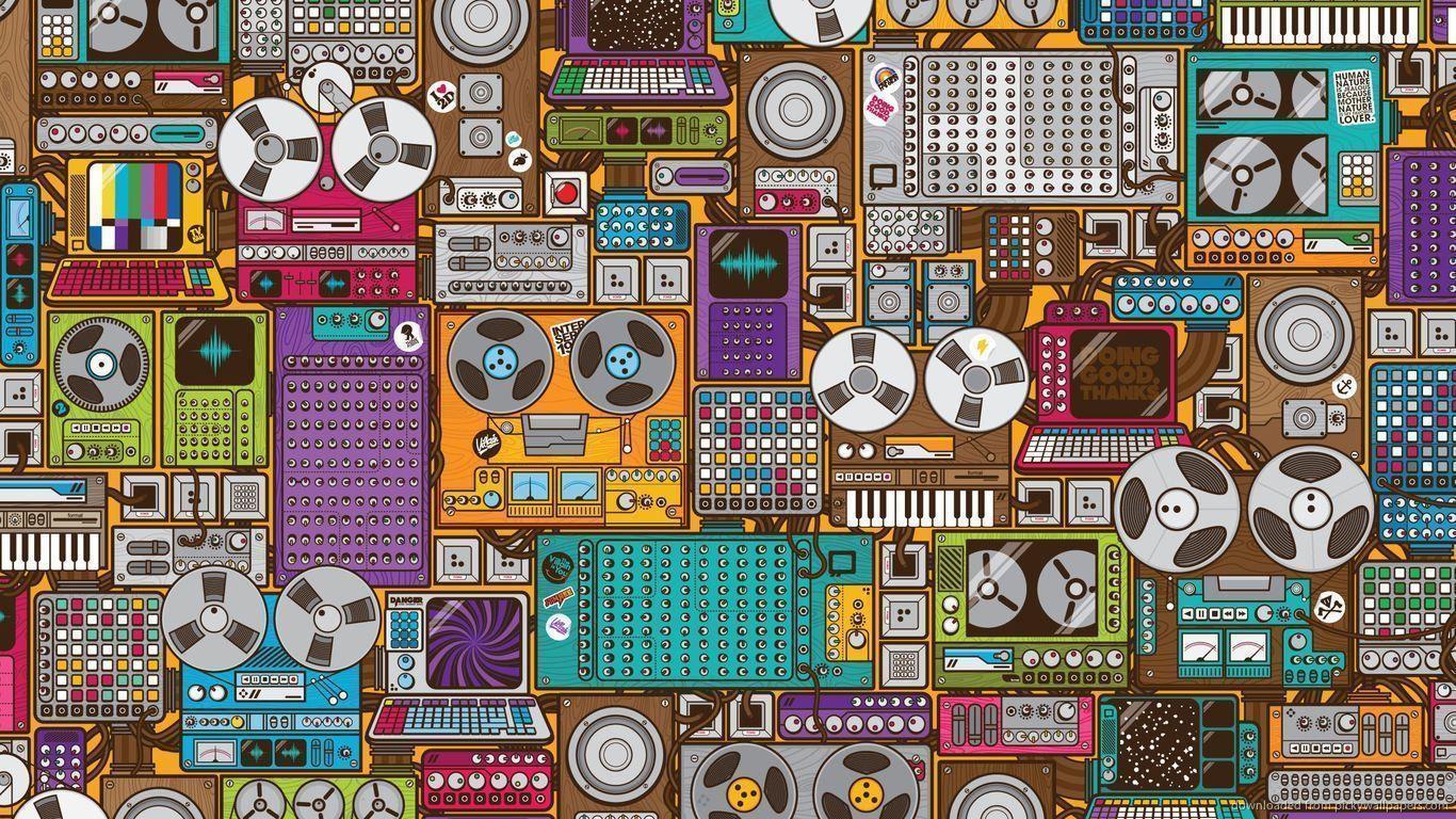 Download 1366x768 Retro Music Devices Pattern Wallpaper