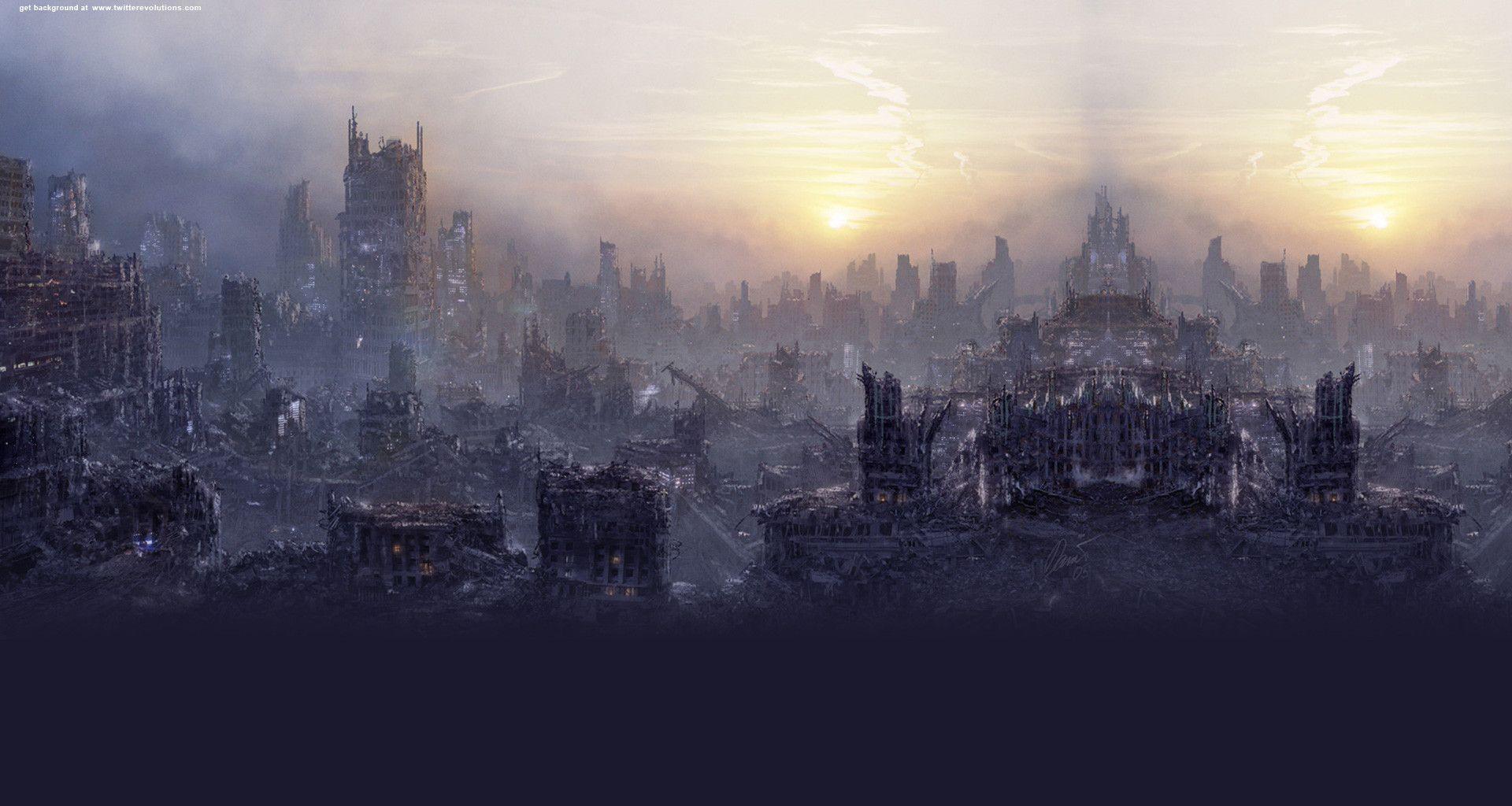 Apocalyptic city in ruins Twitter background. Twitter background