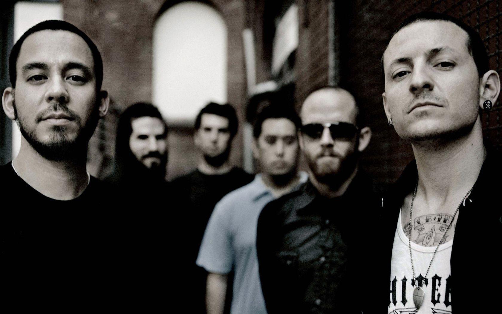 Download wallpaper group, Chester, Mike Shinoda, darkened photo