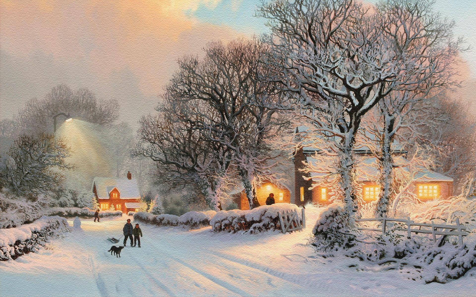 Winter Village Drawn Wallpaper, iPhone Wallpaper, Facebook Cover