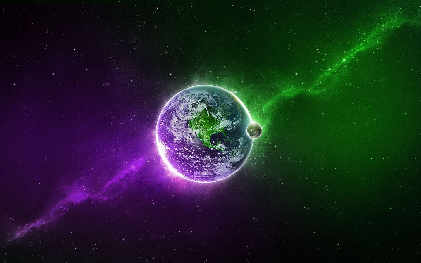 Full HD Wallpaper + Green, Purple, Space, Planets, Stars, Earth