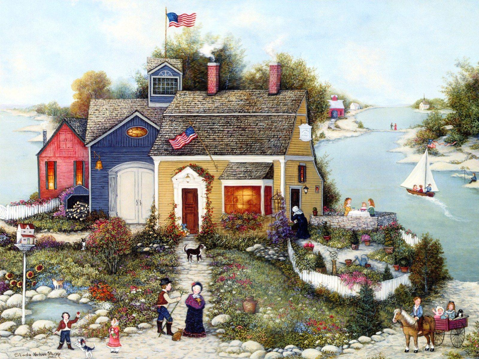 Americana art painting Summer Cottage Wallpapers