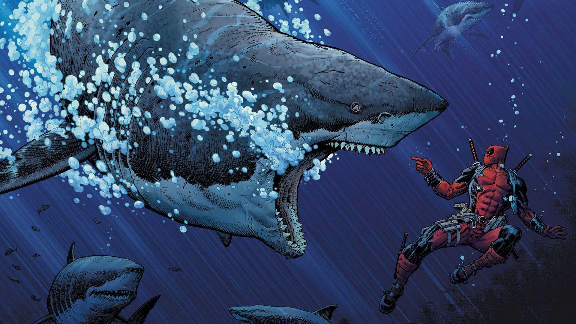 Deadpool Shark Great White Fish Underwater Marvel wallpaper