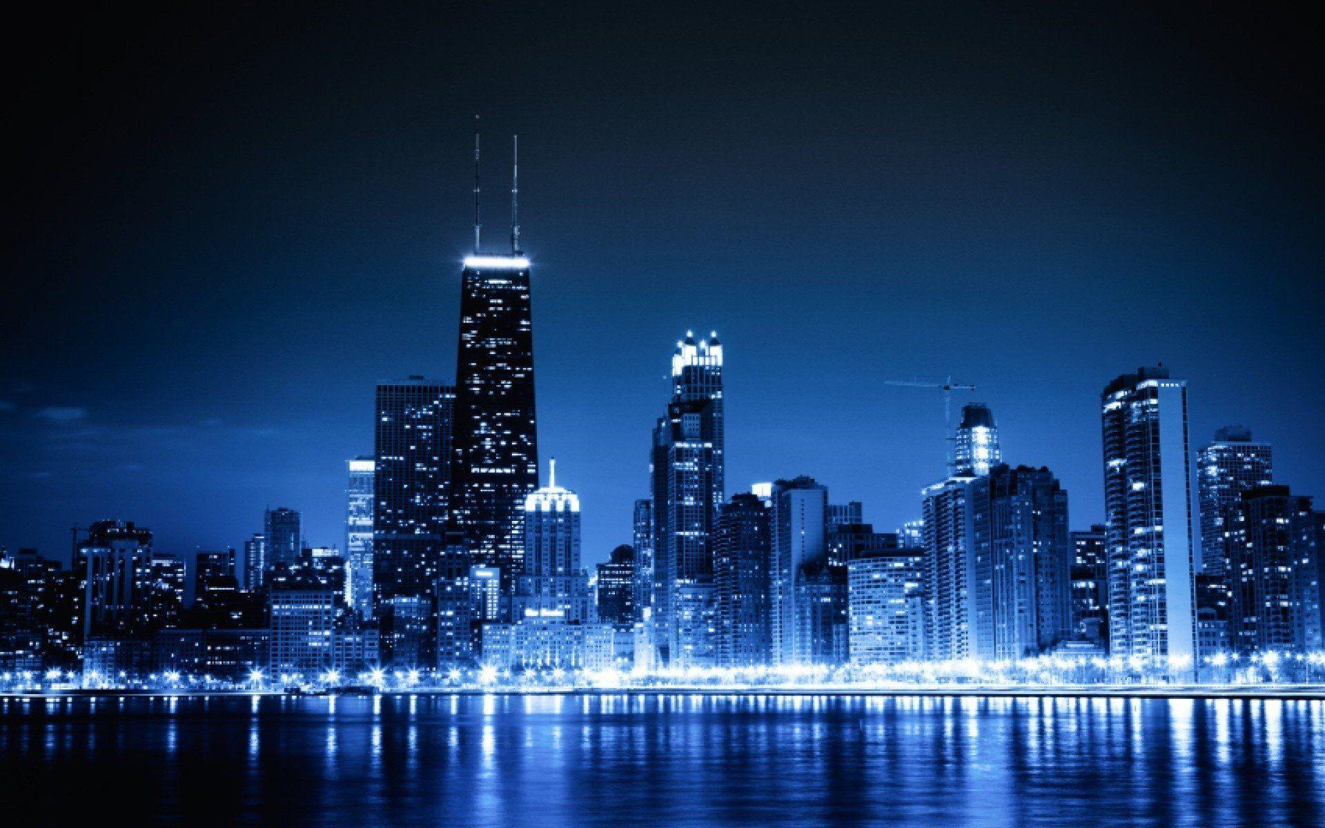 Blue cityscapes Chicago night lights urban skyscrapers wallpaper