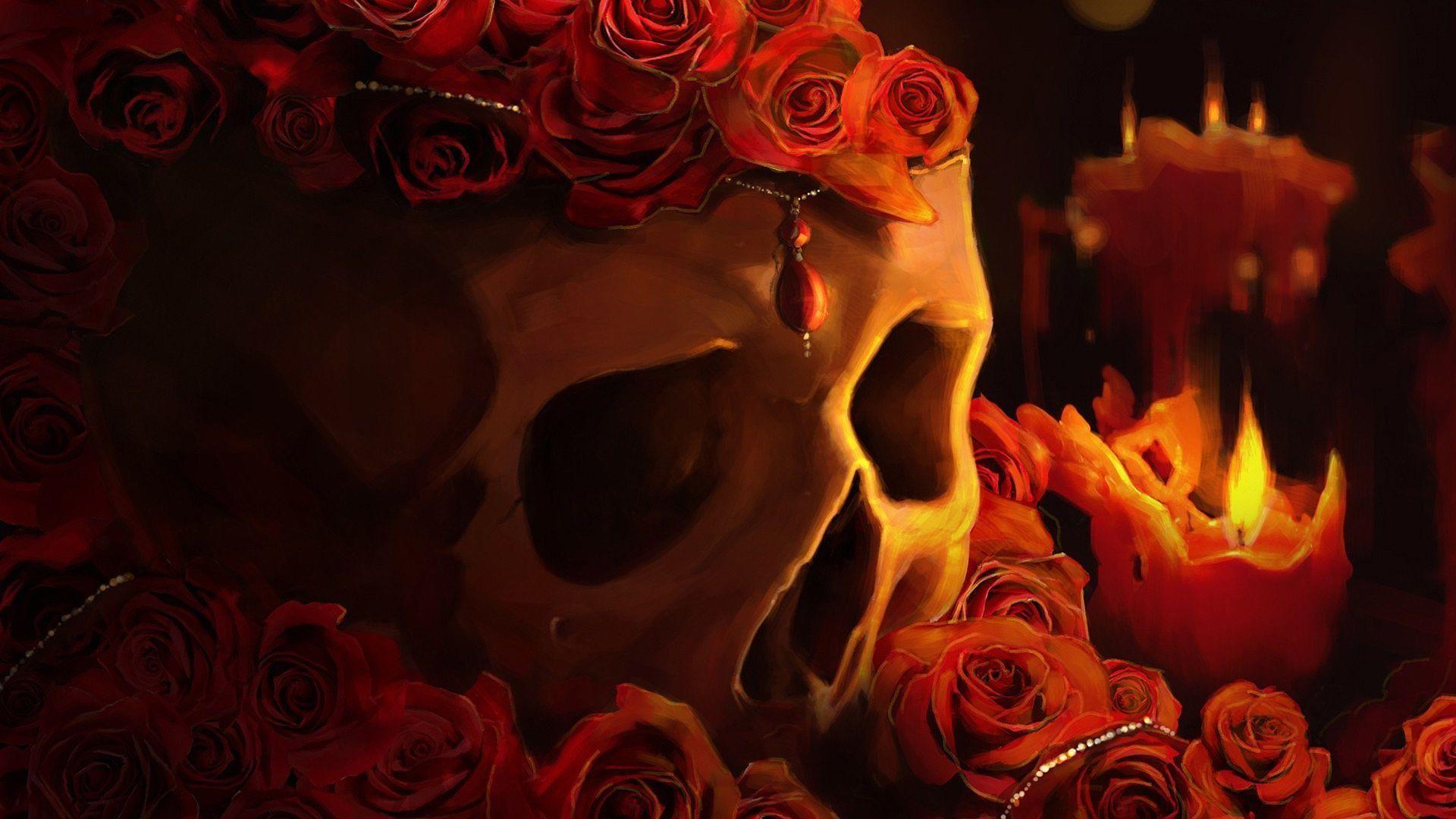 Red roses skull Wallpaper