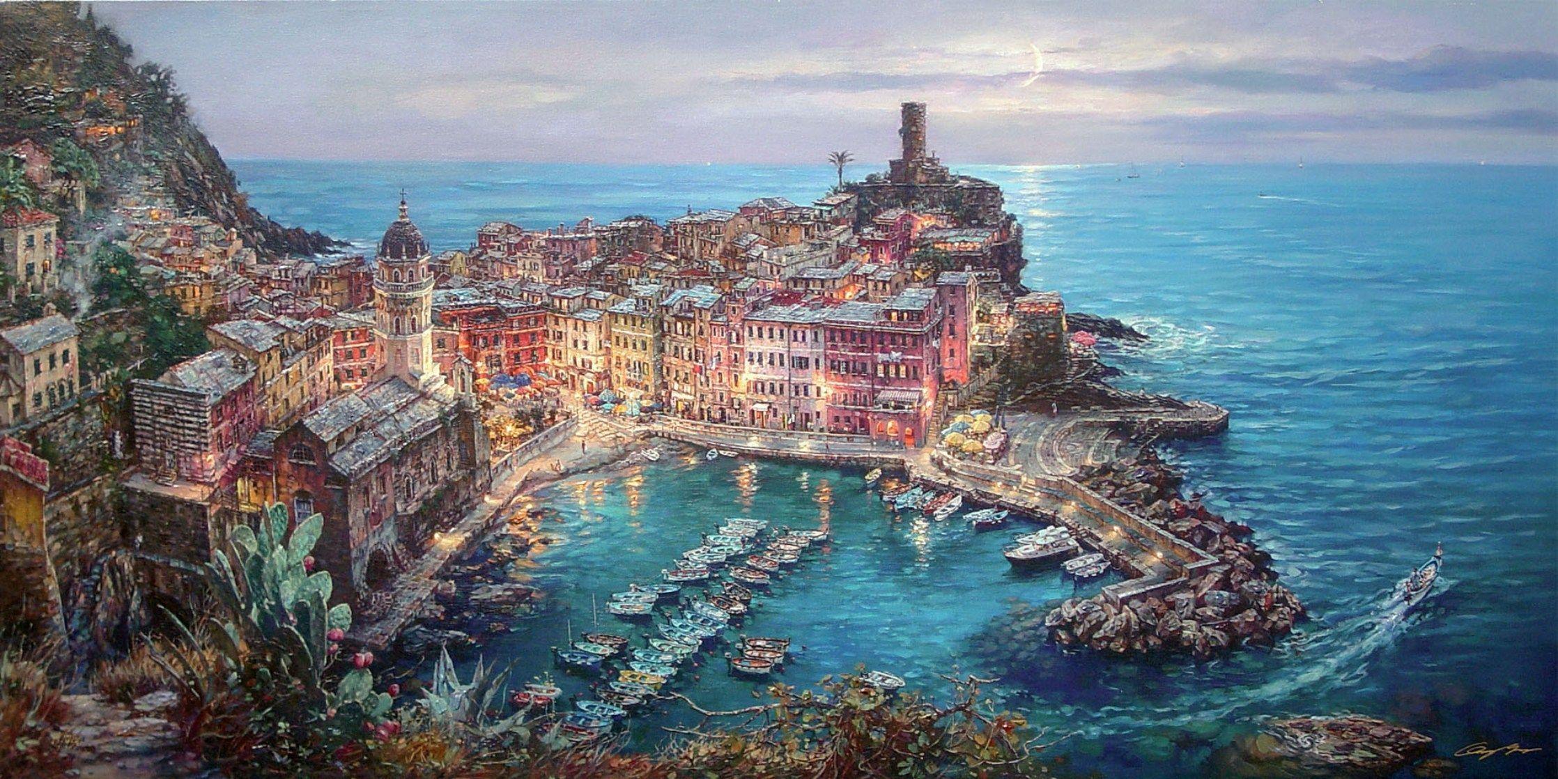 Download wallpaper painting, Mediterranean, Vernazza, Italy free