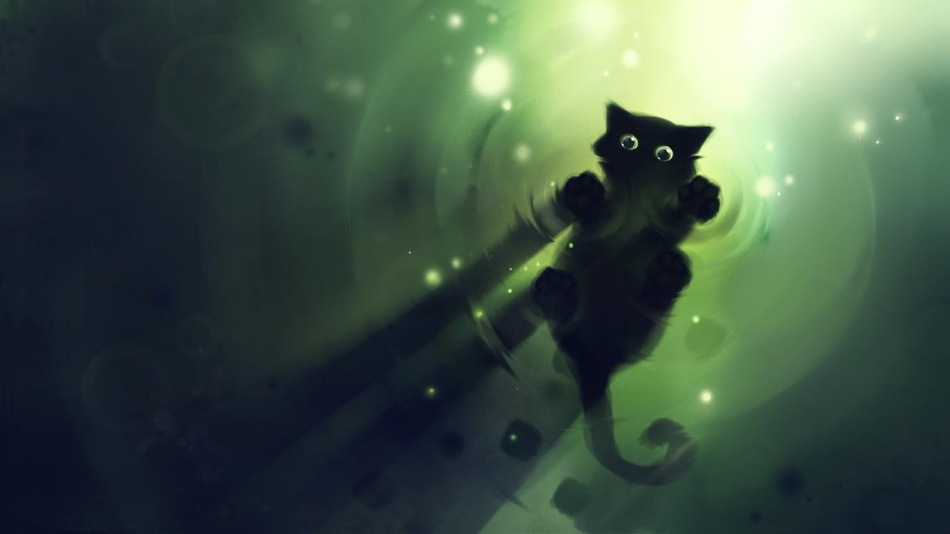 Download Free Little Cat Dark Green Windows Wallpaper 1366x768