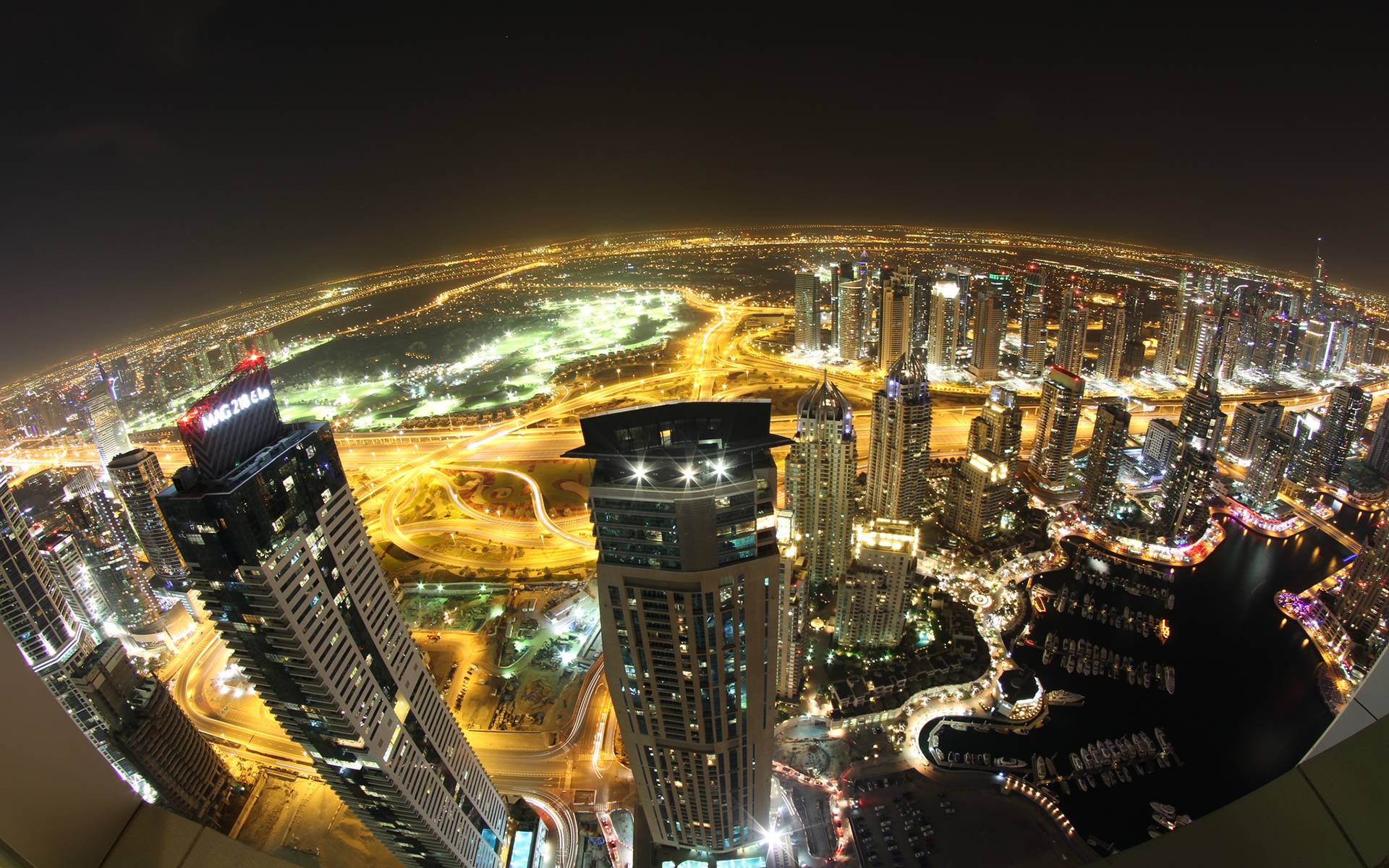 Dubai, Buildings, Skyscrapers, Night, Lights, Fisheye hi res