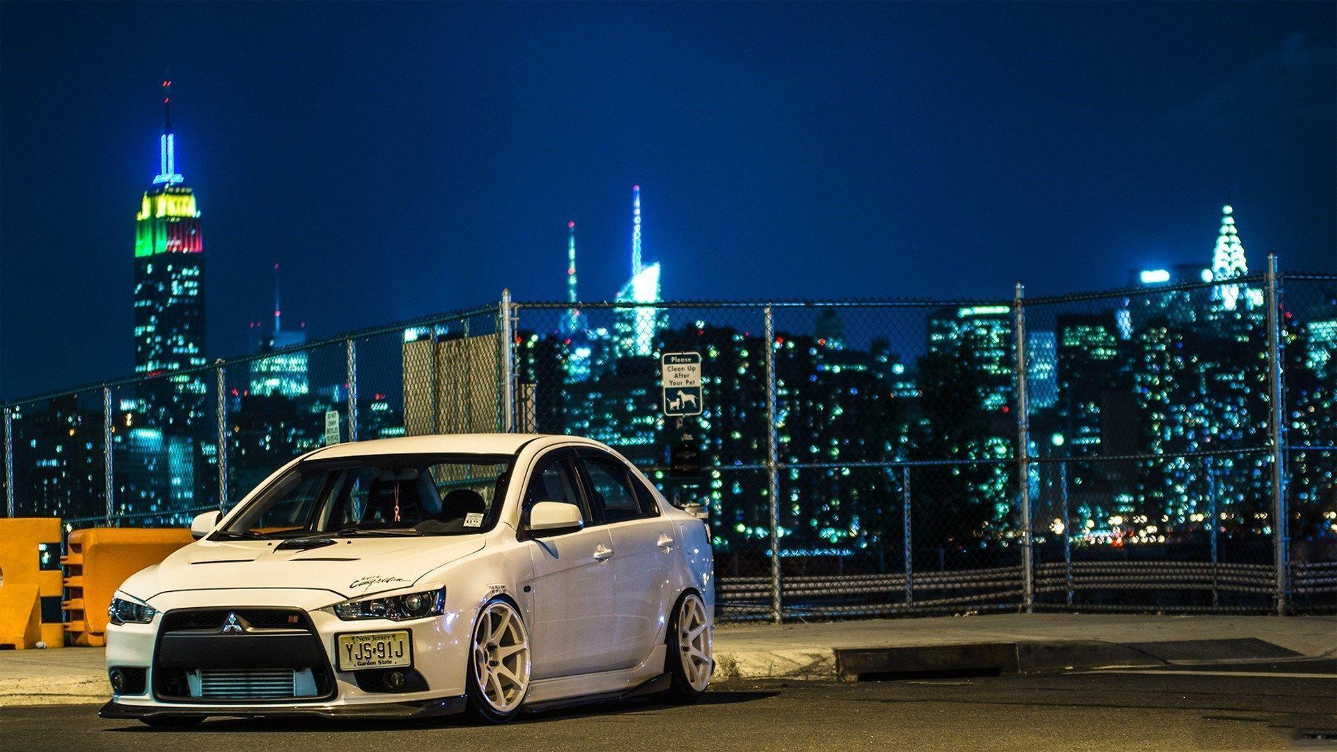 Mitsubishi Lancer Evolution Night New Work City Skyline HD