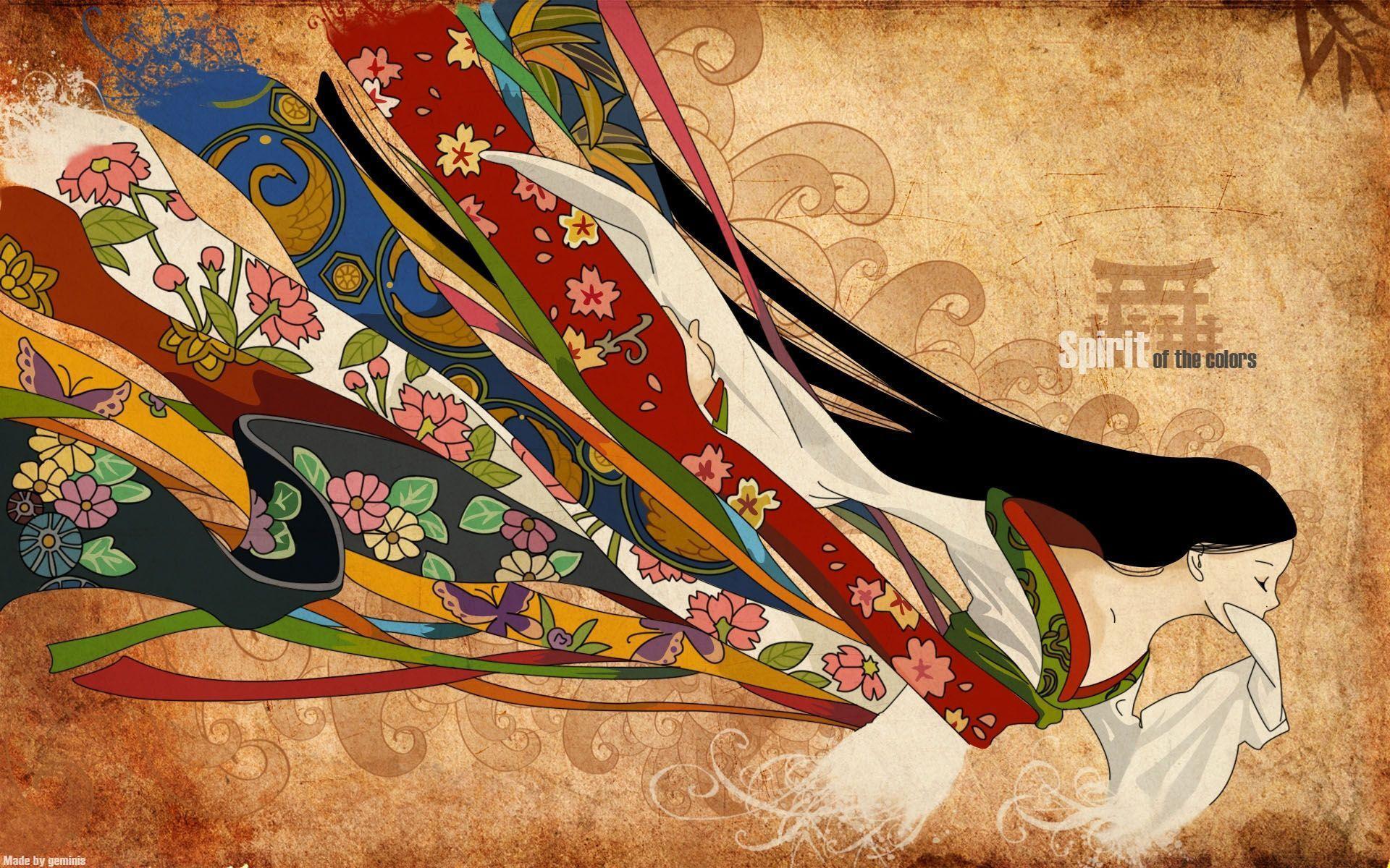 Kleurrijk, lang haar, kimono