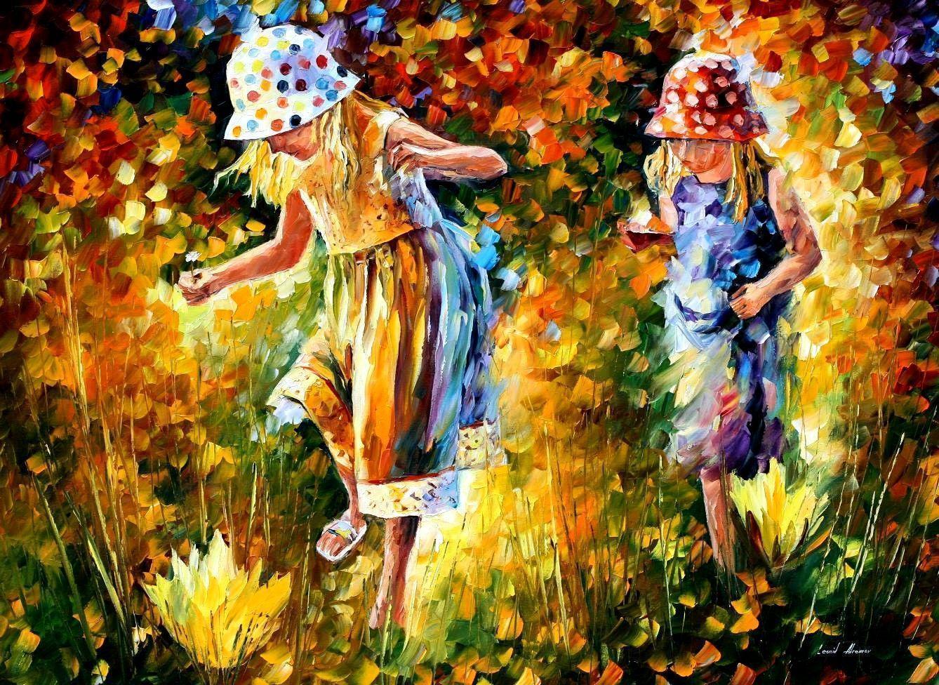 Two sisters, by Leonid Afremov, Desktop and mobile wallpaper