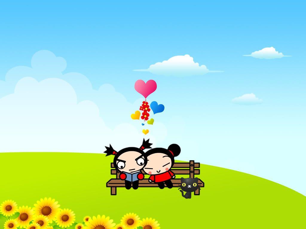 Pucca And Garu Sitting On A Bench Wallpaper, Background, Theme
