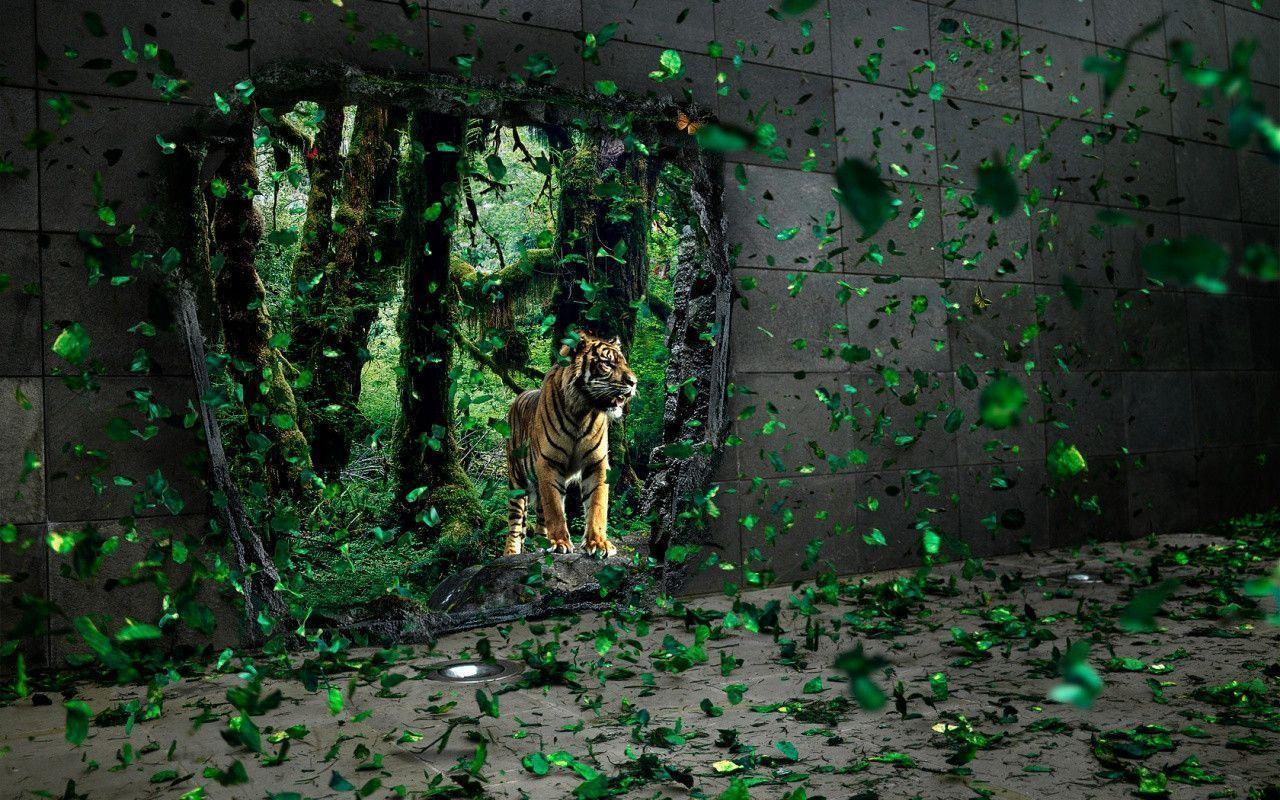 Tiger and leaves desktop PC and Mac wallpaper