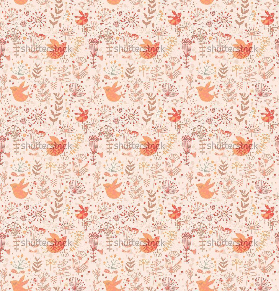 Bright floral wallpaper with cute birds and autumn flowers