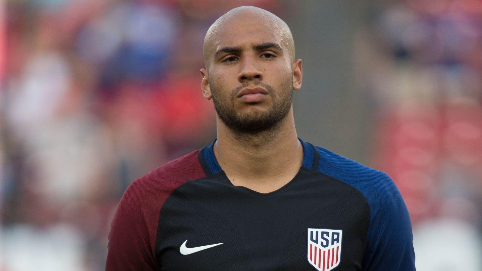 John Brooks finishes off a set piece routine for the USMNT against