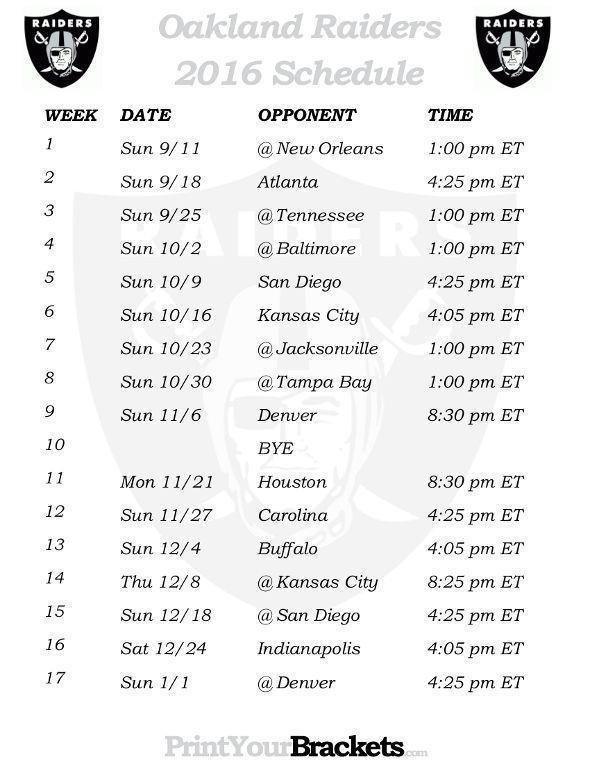 Printable Oakland Raiders Schedule Football Season