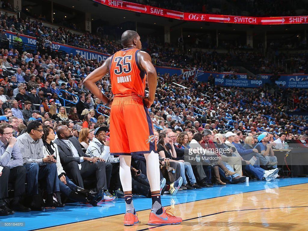 Kevin Durant of the Oklahoma City Thunder looks on during
